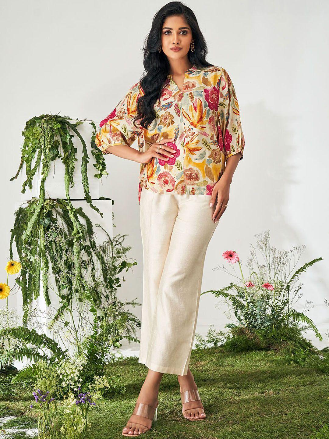dresoul printed mandarin collar top with trousers co-ords