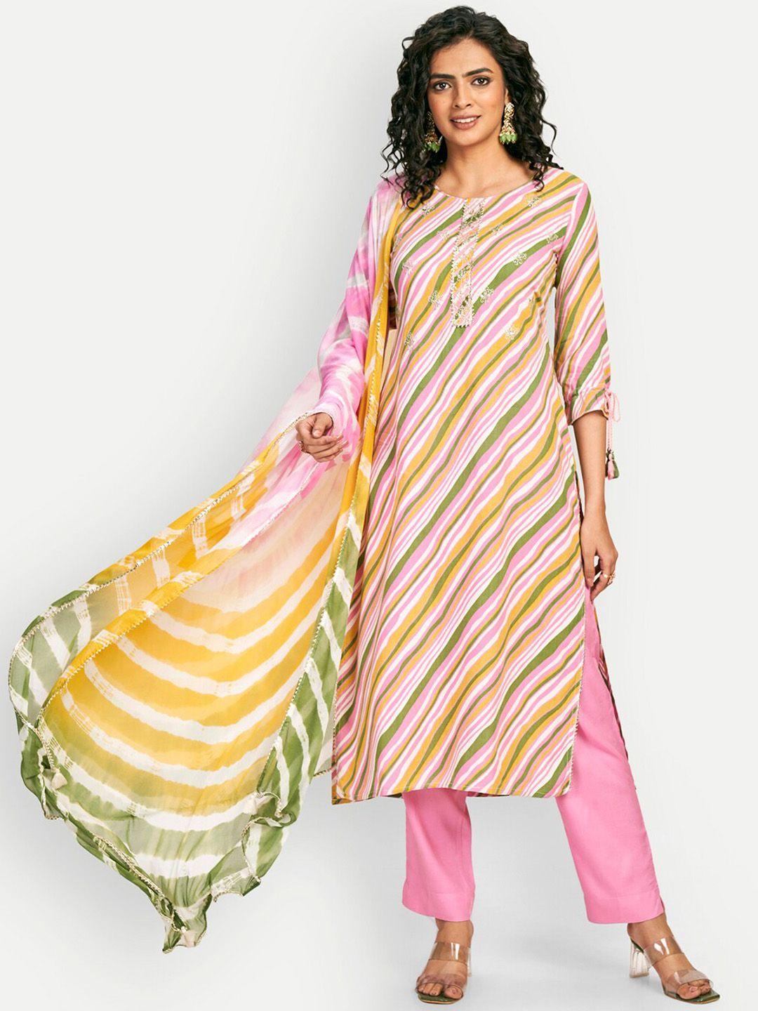 dresoul striped printed zari detailed straight kurta & trousers with dupatta