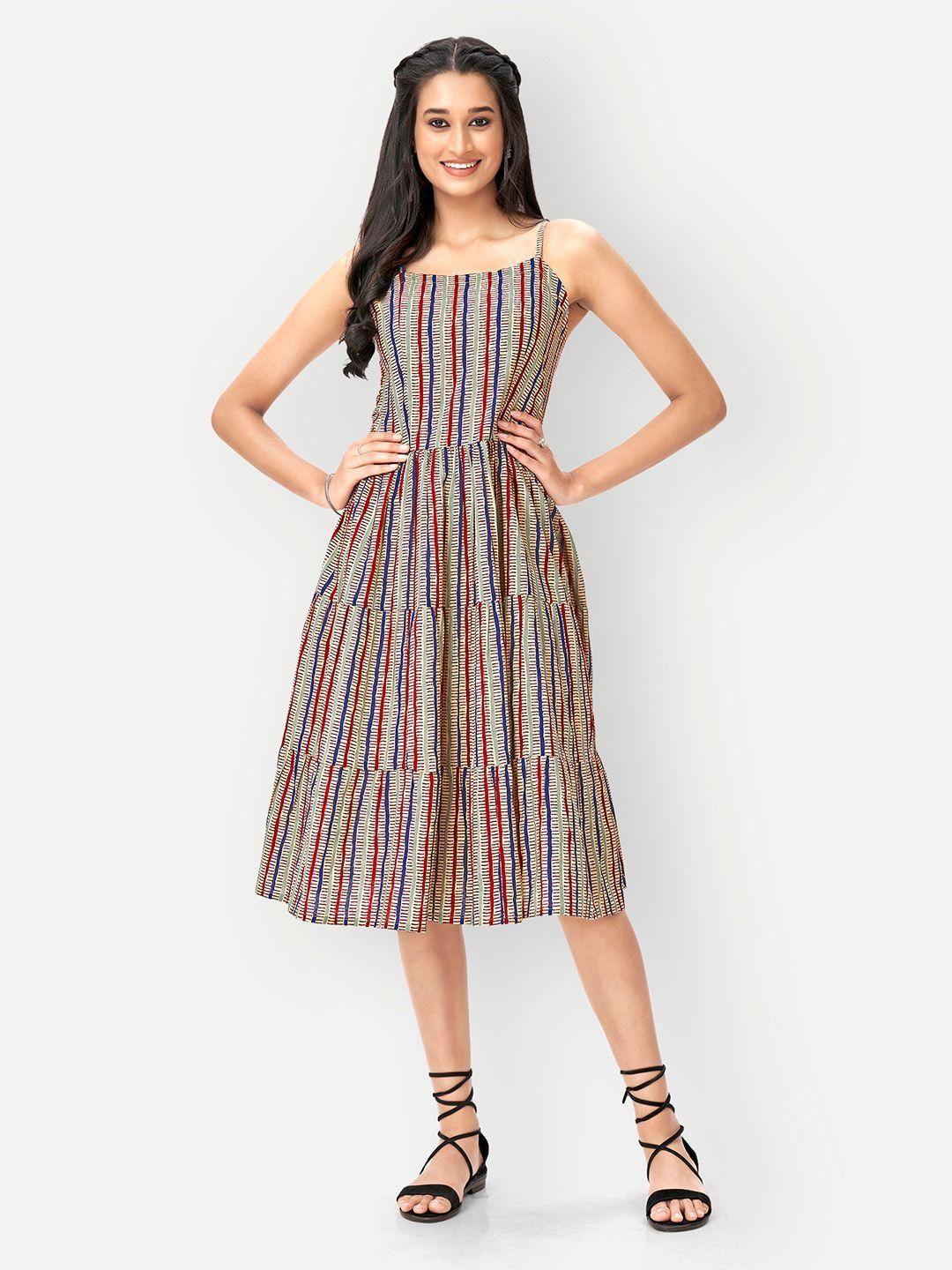 dresoul strips striped shoulder straps smocked detailed cotton a-line dress