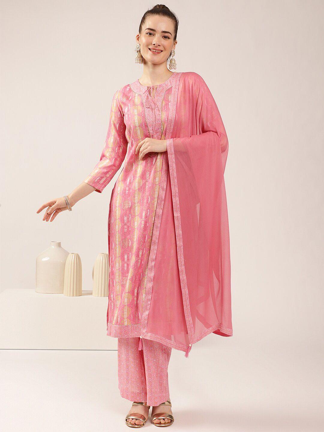 dresoul women pink floral printed regular kurta with pyjamas & with dupatta