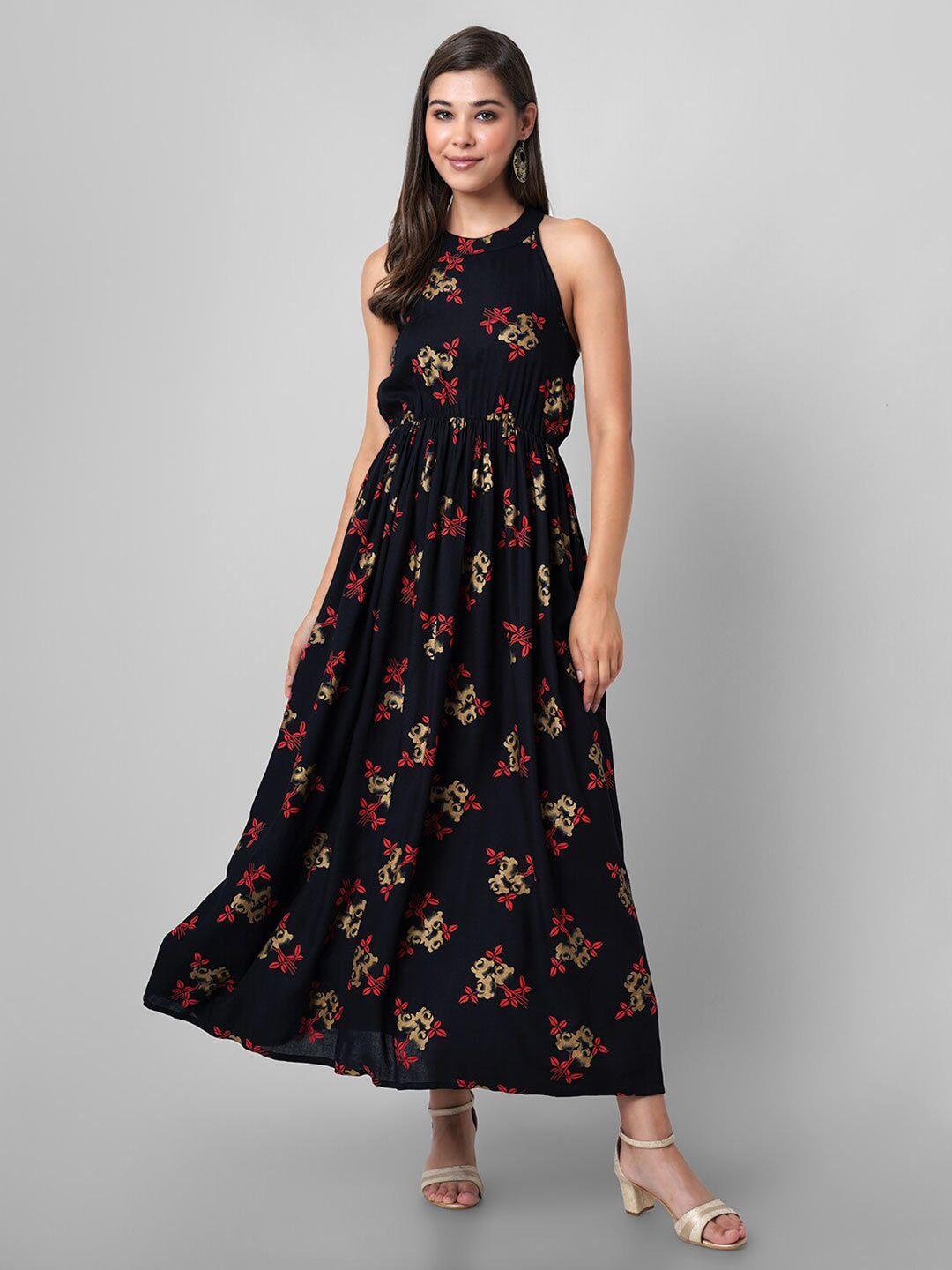 dressar black & red floral halter neck maxi dress