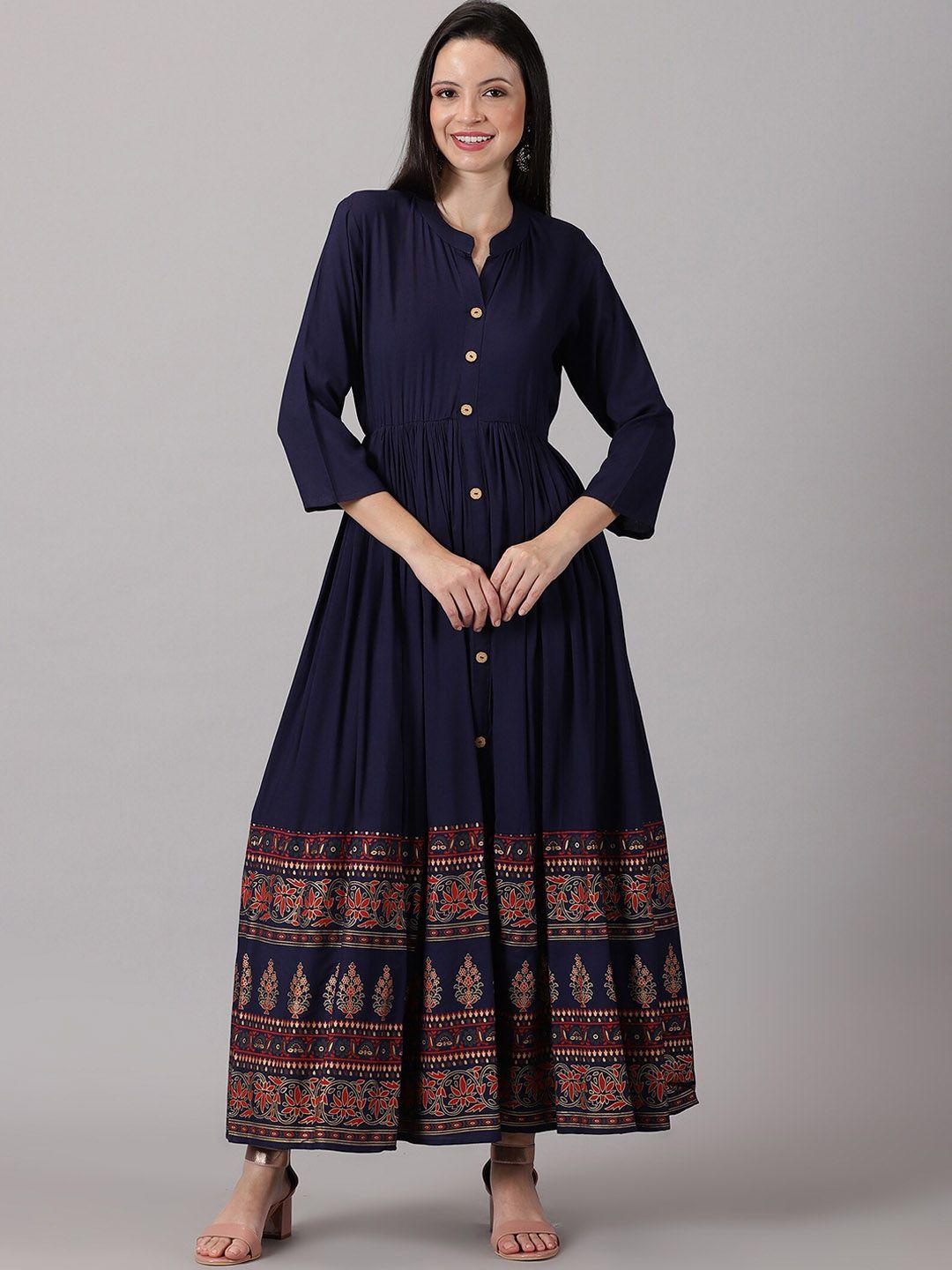 dressar ethnic motifs printed mandarin collar gathered detail a-line ethnic dress