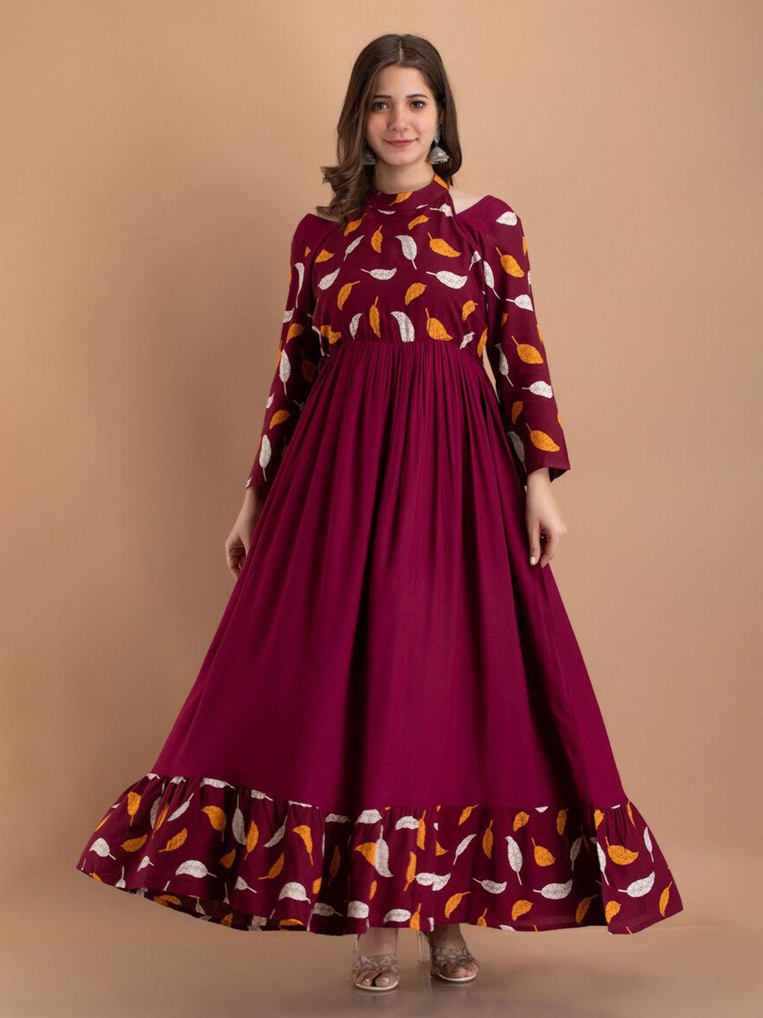 dressar maroon ethnic motifs print fit & flare dress