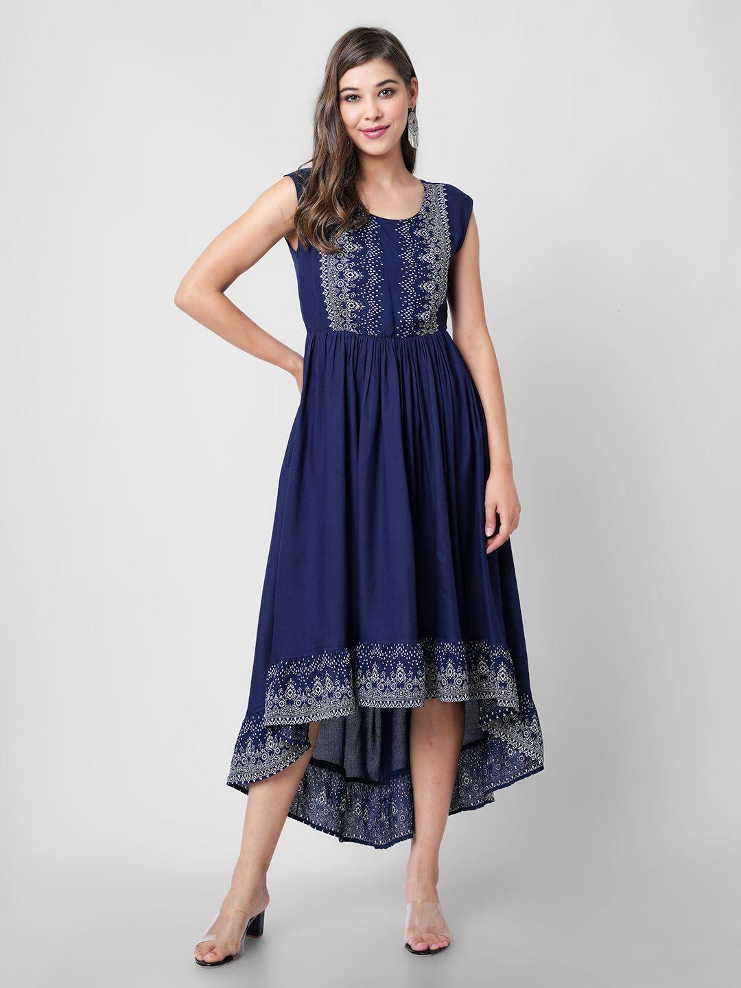 dressar navy blue ethnic motifs printed maxi dress