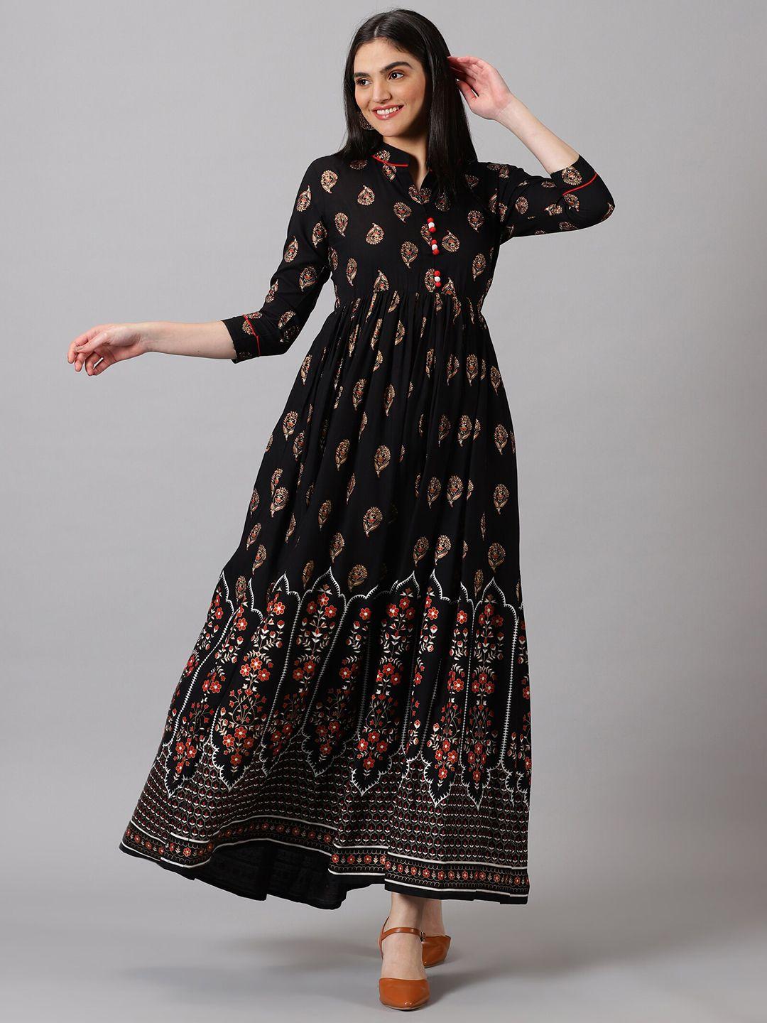 dressar women black ethnic motifs printed flared sleeves sequinned floral anarkali kurta