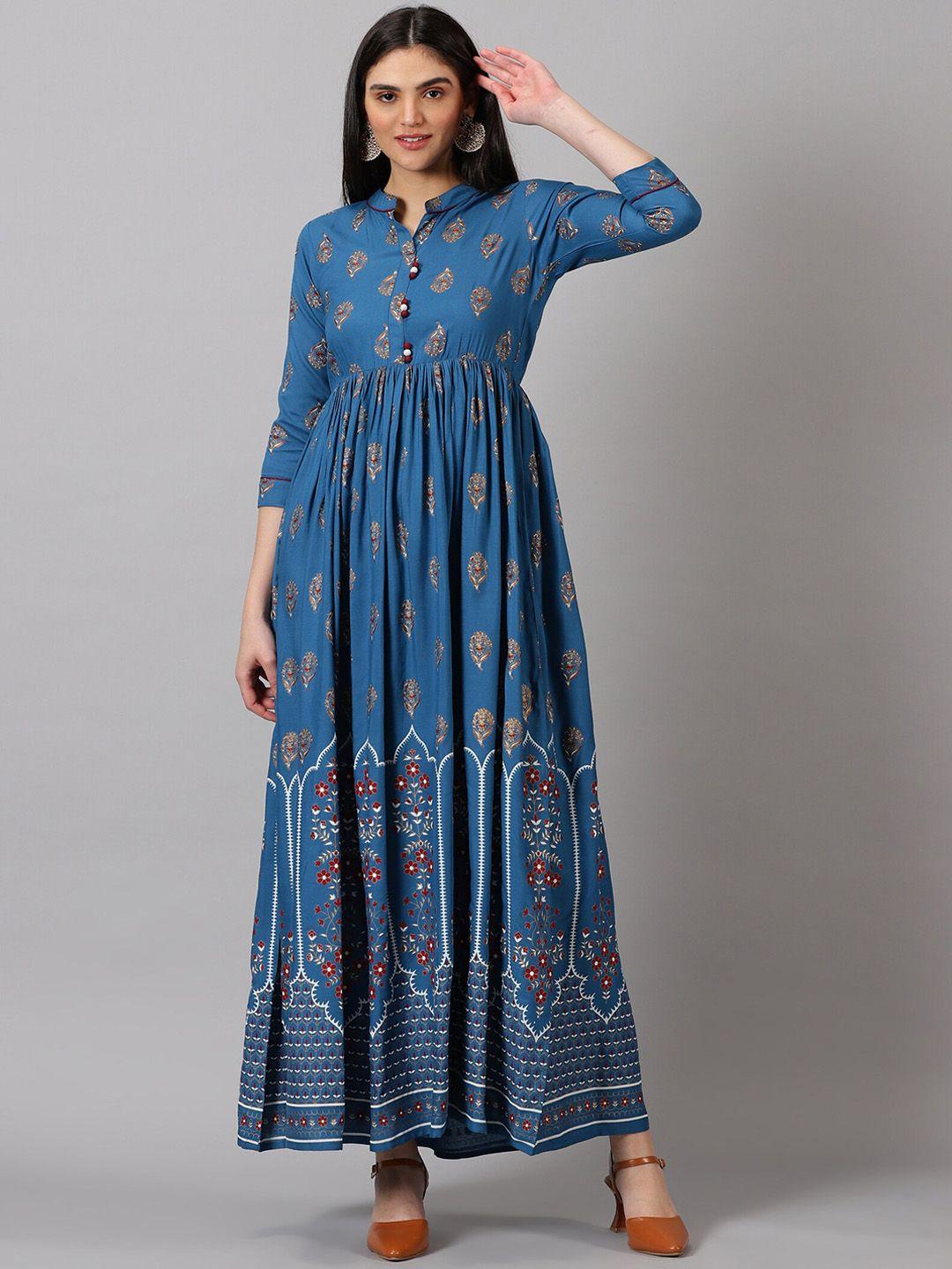 dressar women blue ethnic motifs yoke design keyhole neck flared sleeves sequinned floral anarkali kurta