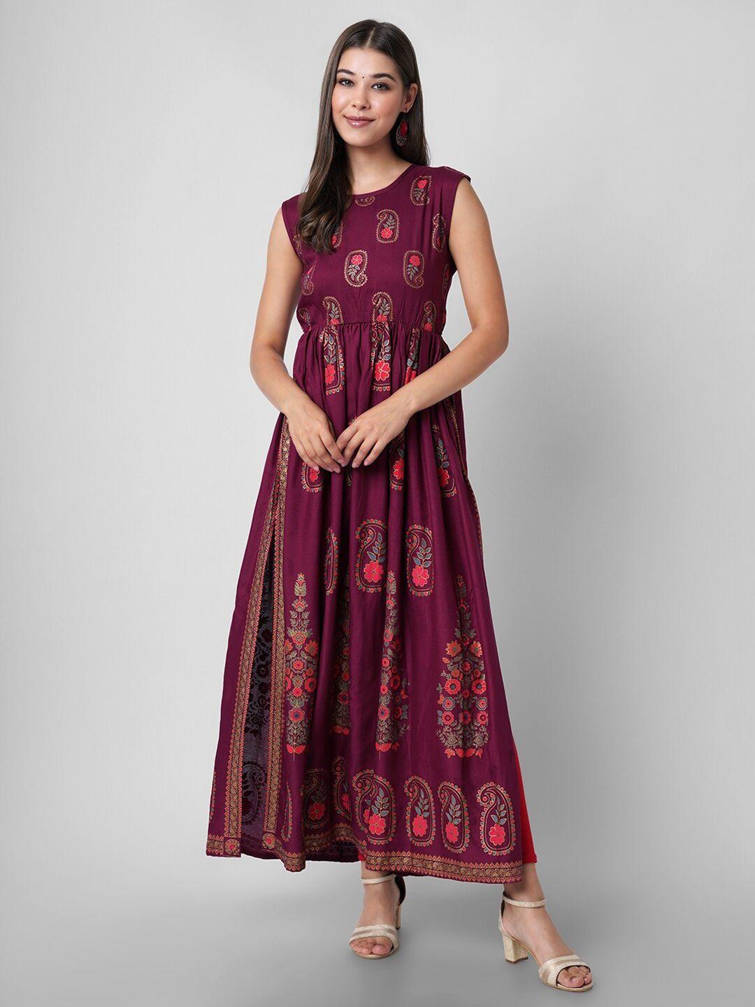 dressar women maroon & orange ethnic motifs maxi dress