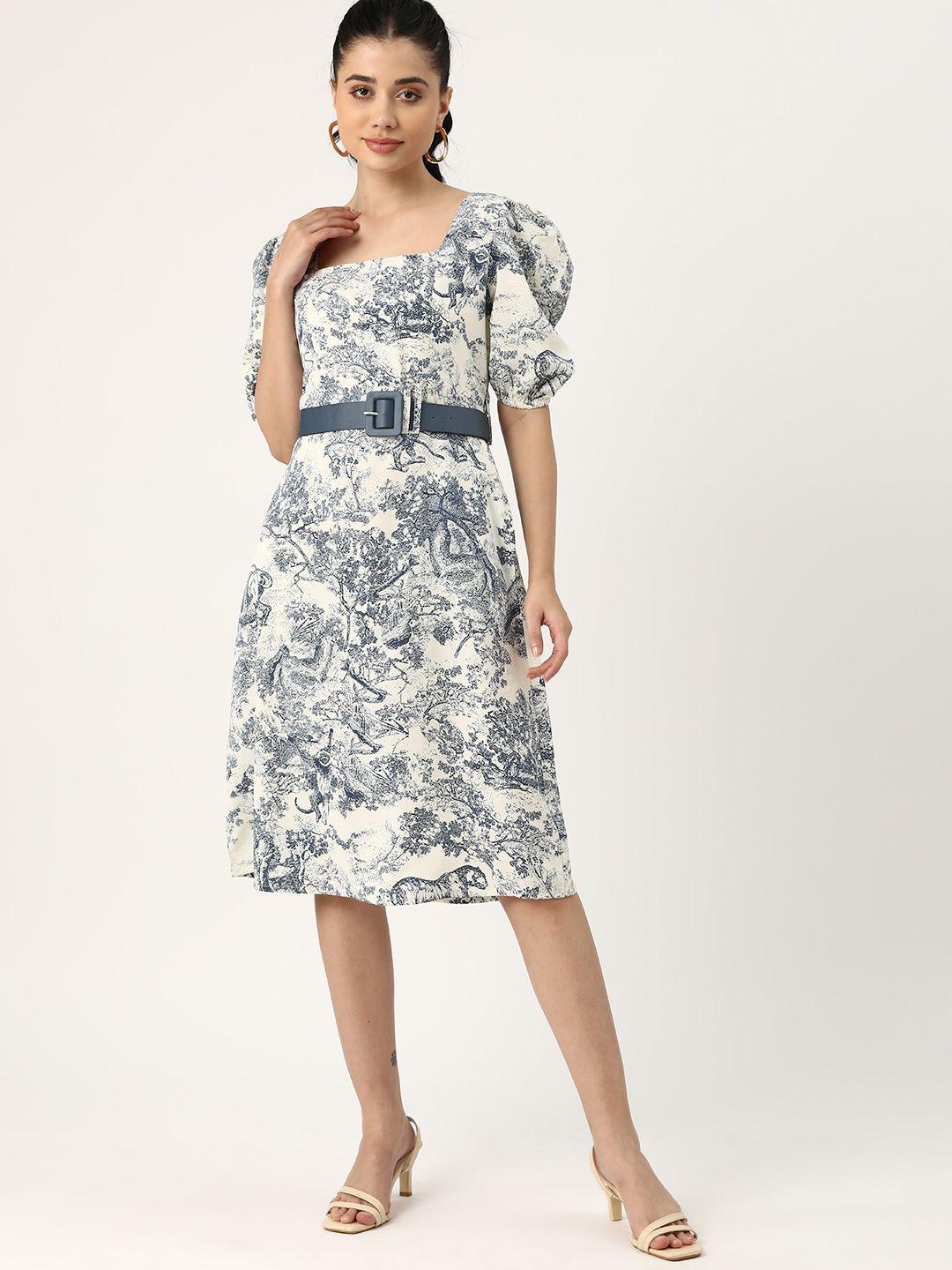 dressberry abstract print puff sleeves square neck a-line dress with belt