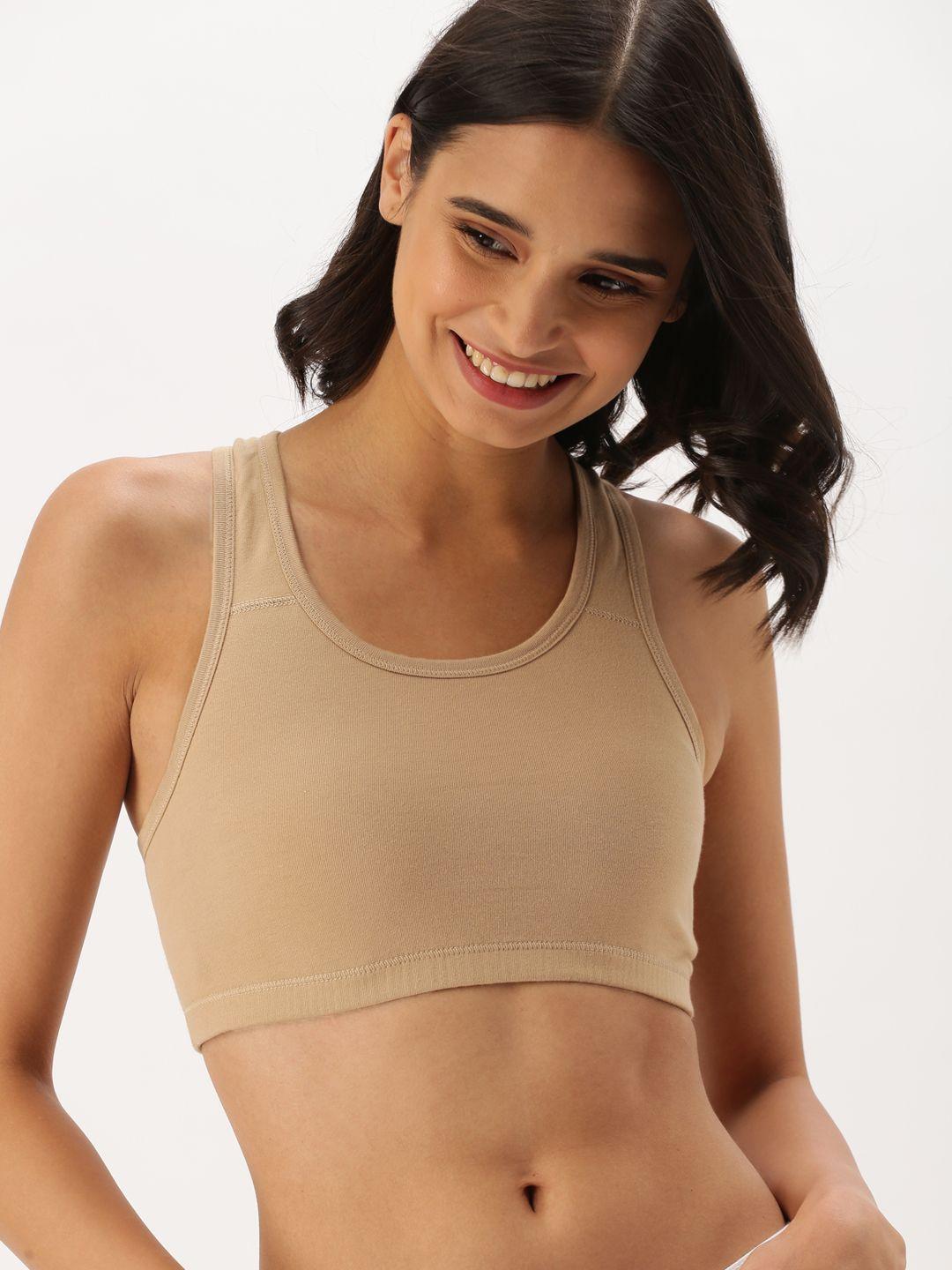 dressberry beige solid non-wired non padded sports bra