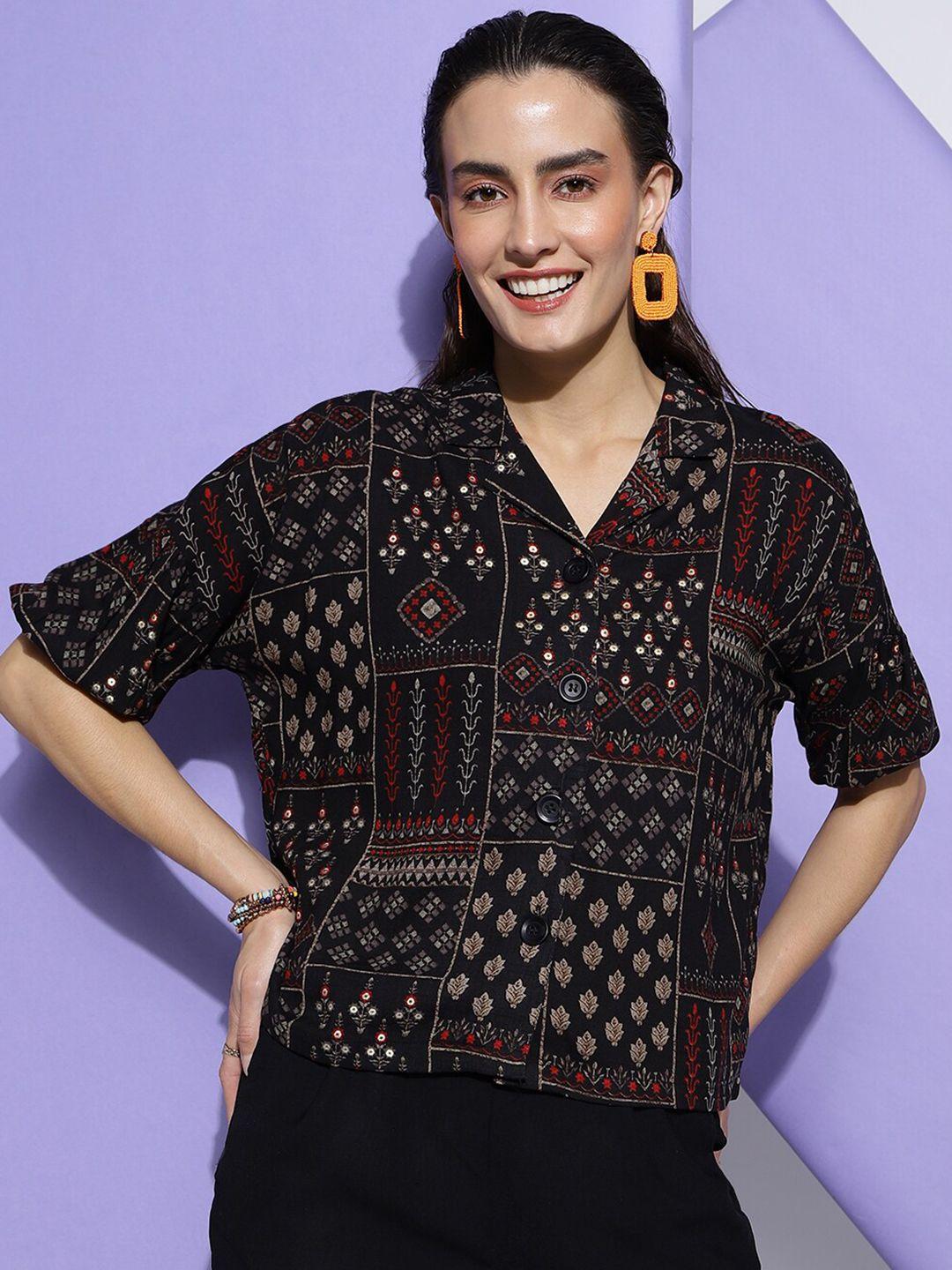 dressberry black ethnic motifs printed georgette shirt style top