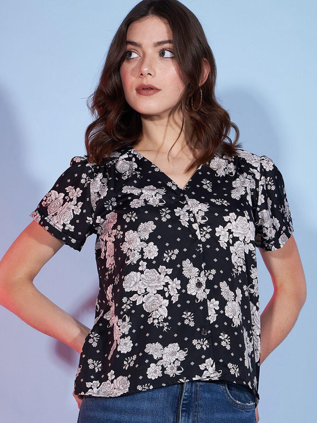 dressberry black floral print puff sleeve shirt style top