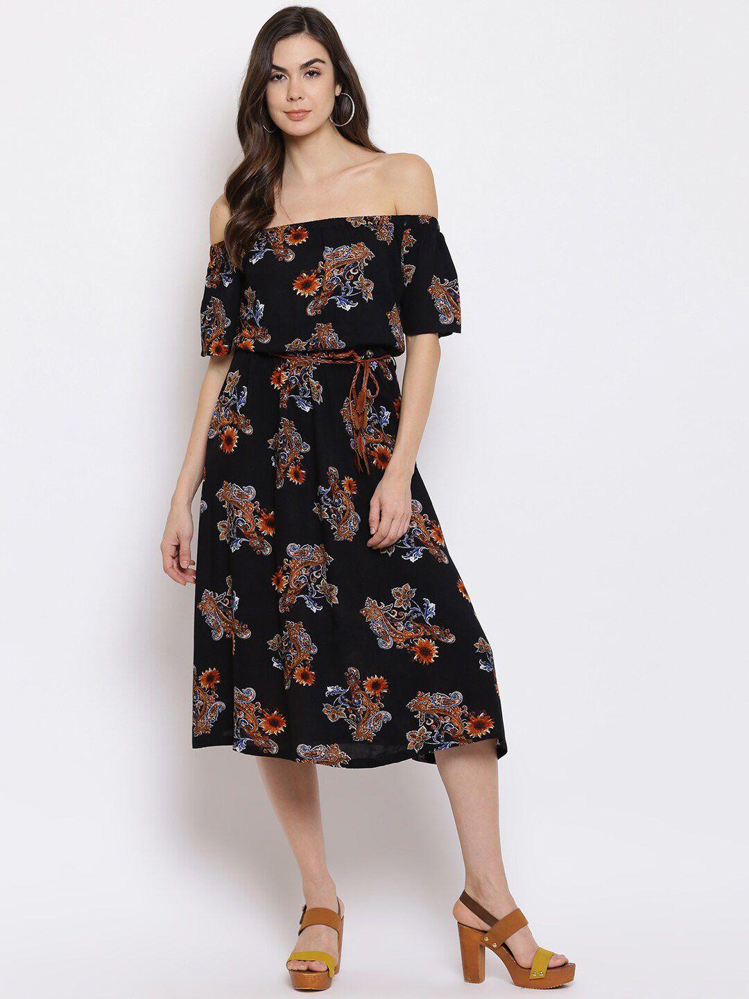 dressberry black floral printed off-shoulder a-line midi dress with belt