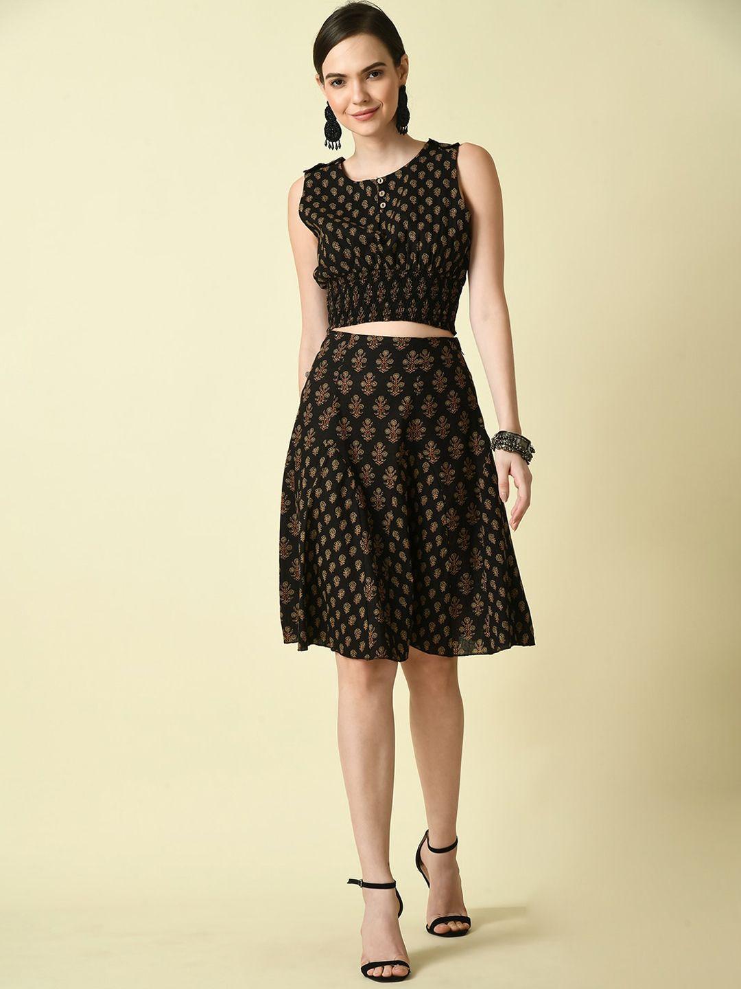 dressberry black printed sleeveless pure cotton top & skirt co-ord