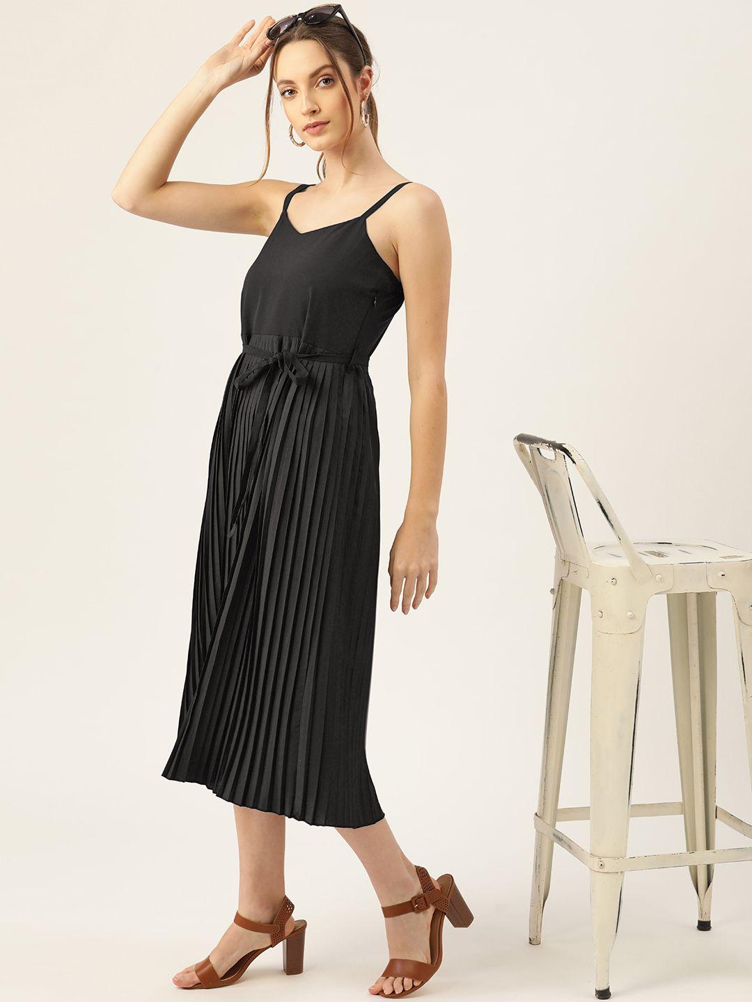 dressberry black solid accordion pleated a-line dress with belt