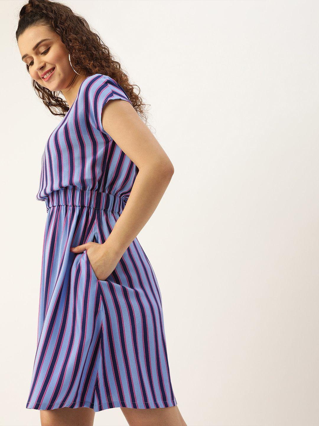 dressberry blue & pink striped fit and flare  sustainable ecovero dress with gathered detail