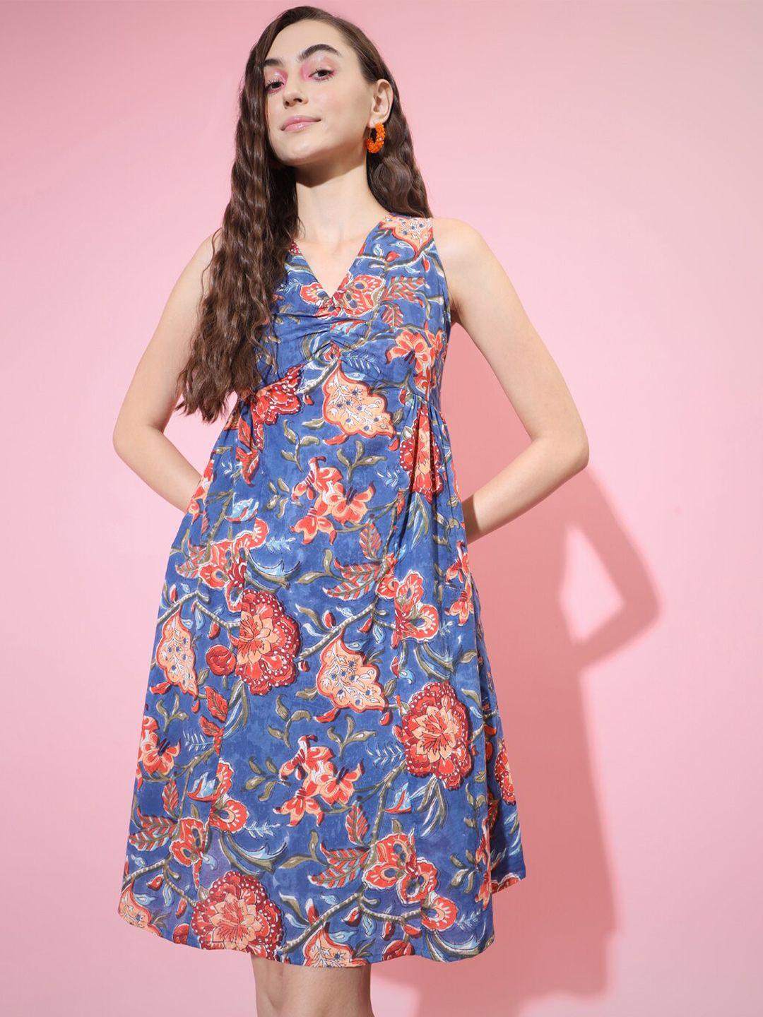 dressberry blue floral print fit & flare dress