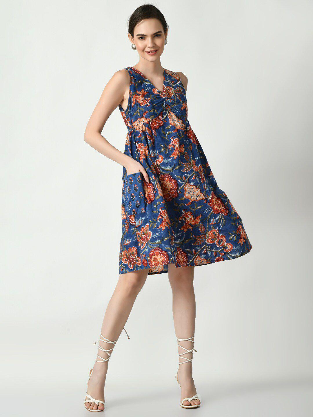 dressberry blue floral printed sleeveless a-line dress