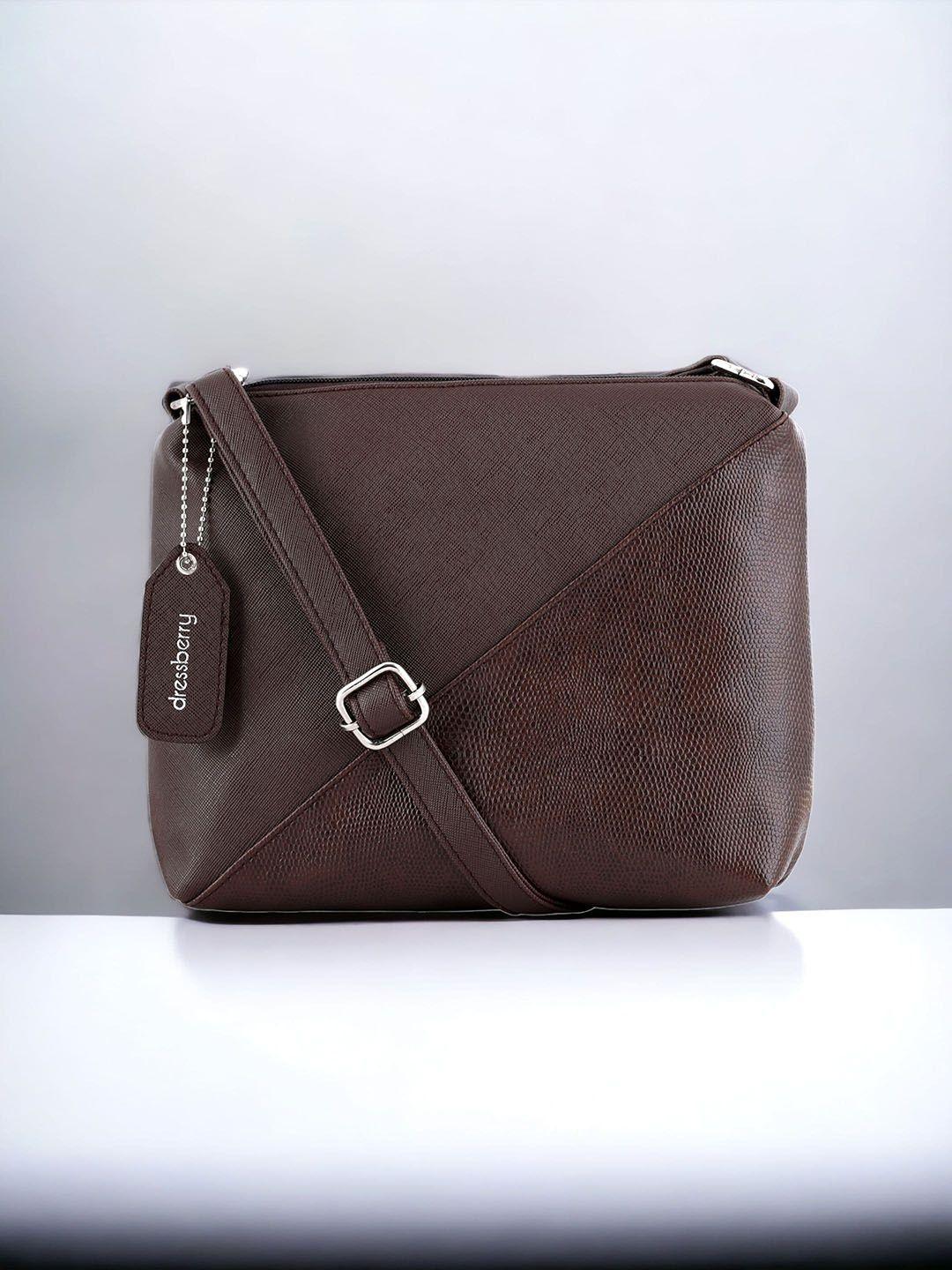 dressberry brown textured pu oversized swagger sling bag with tasselled