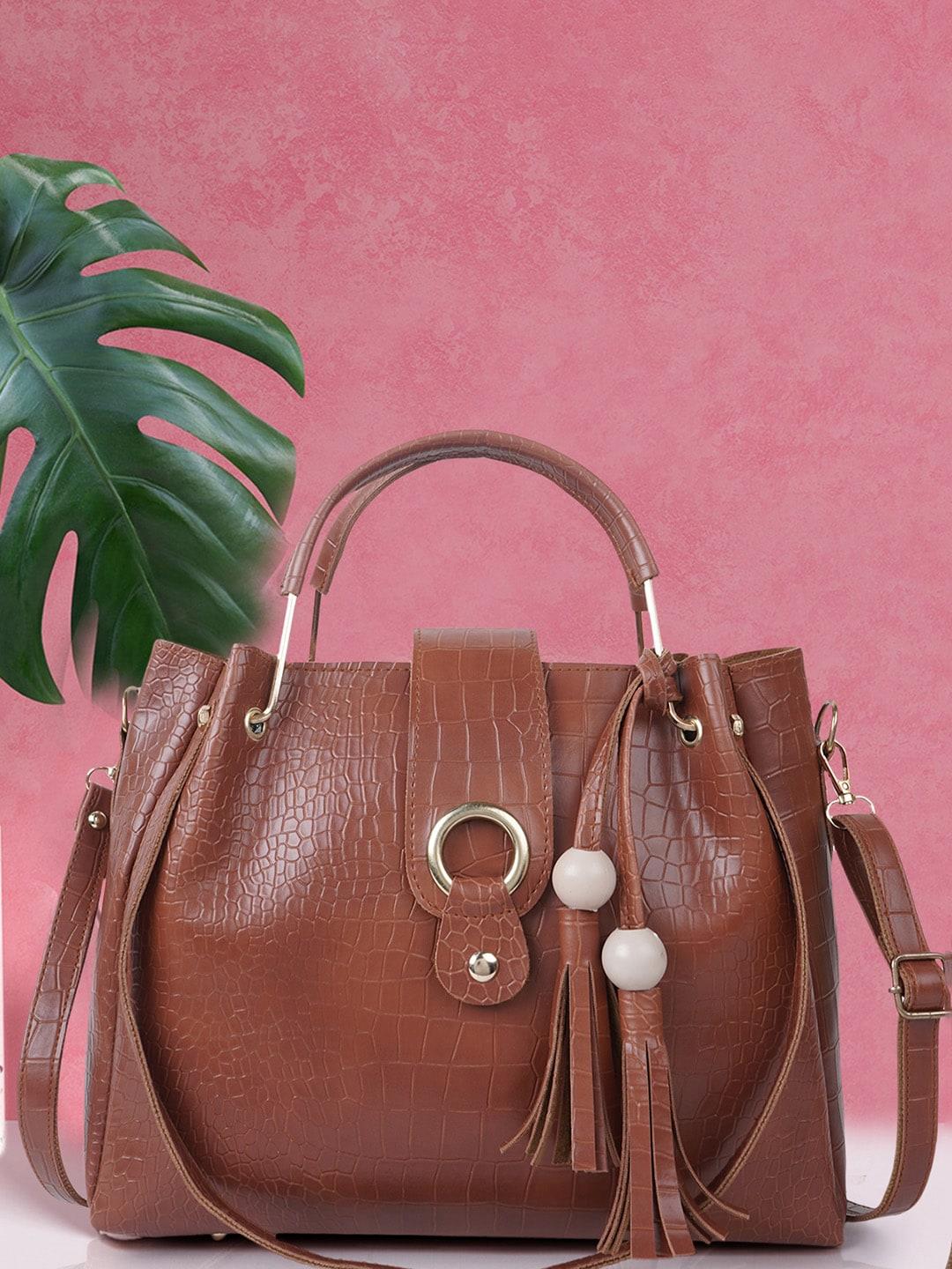 dressberry brown textured structured handheld bag with tasselled