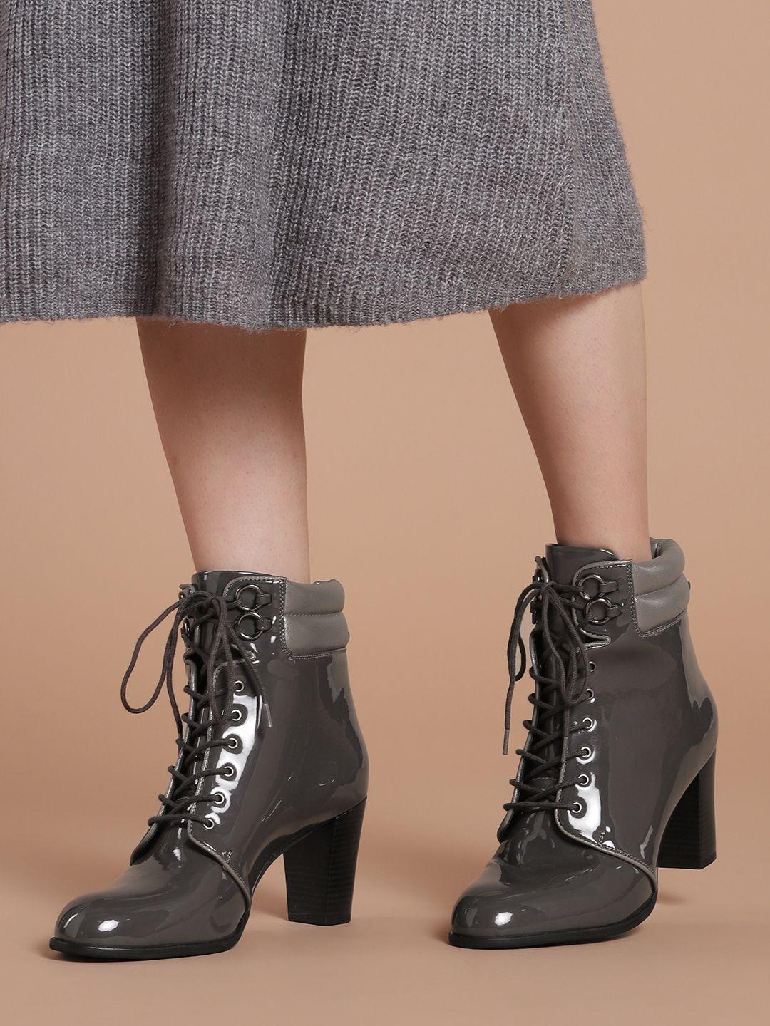 dressberry charcoal grey glossy finish block mid-top heeled boots with quilted detail