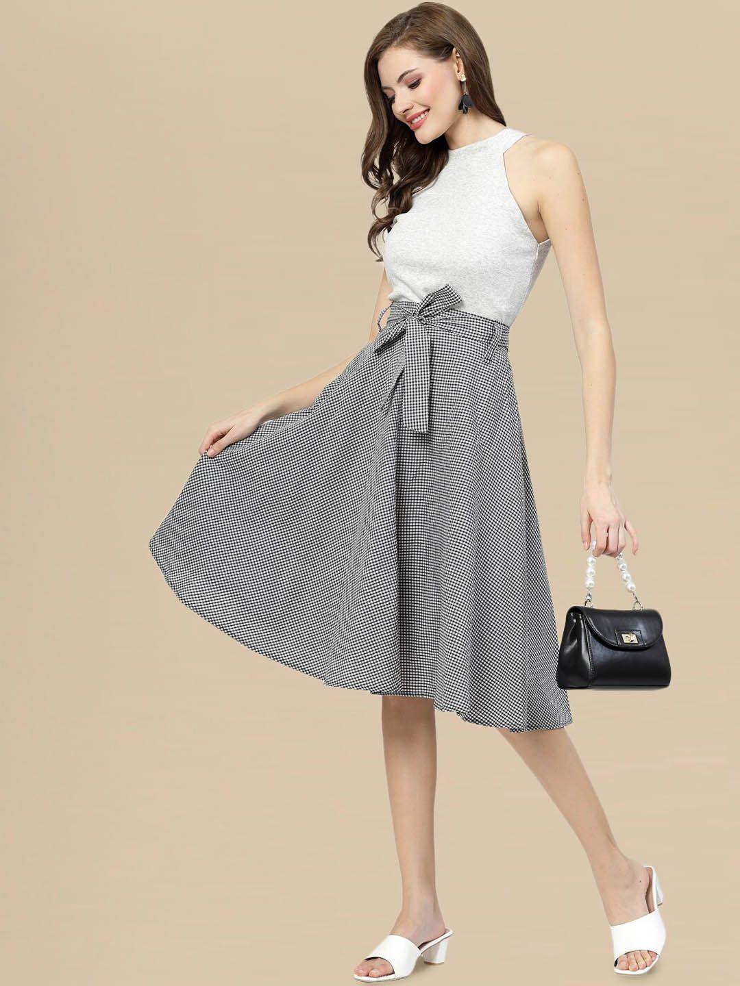 dressberry checked knee length tie-ups flared skirt with belt