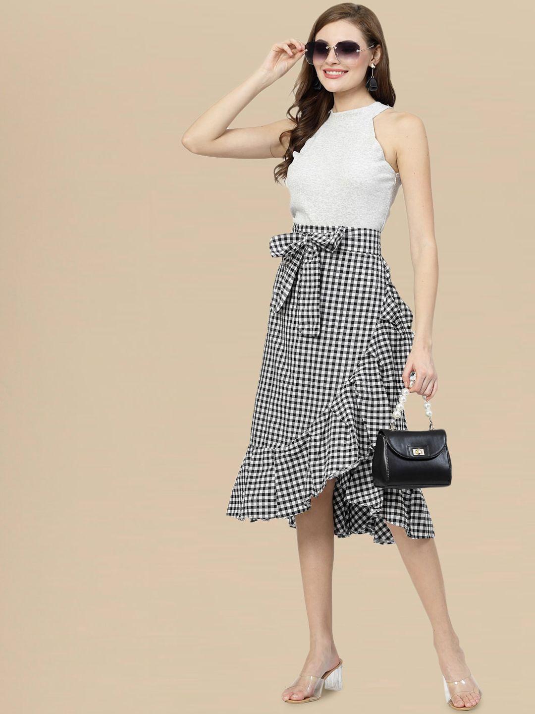 dressberry checked mid length tie ups wrap skirt with belt
