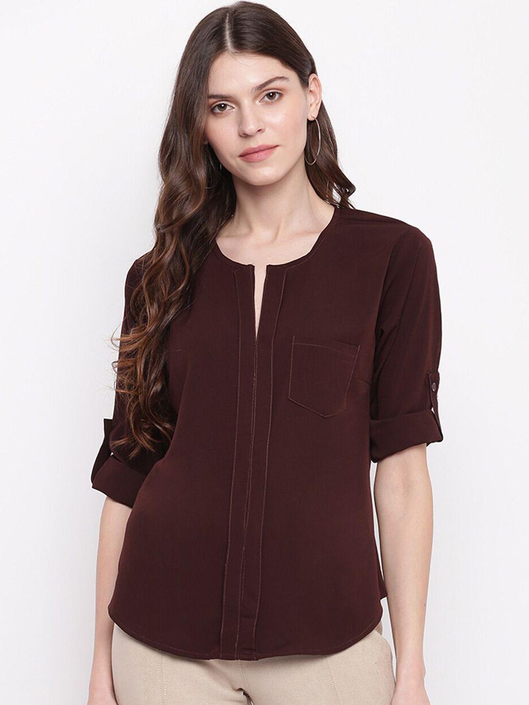 dressberry coffee brown roll-up sleeves crepe shirt style top