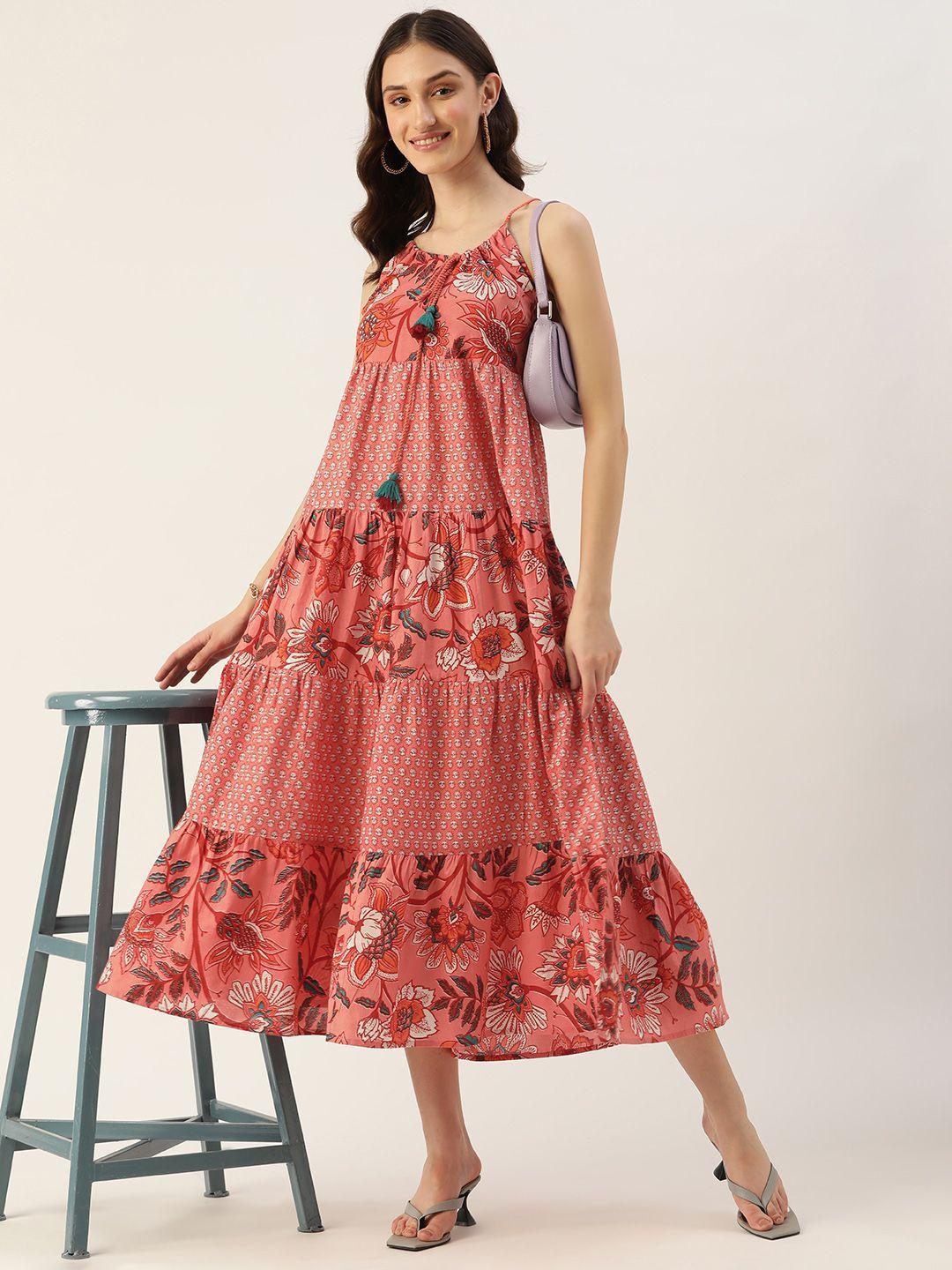 dressberry coral red floral printed pure cotton tiered maxi dress
