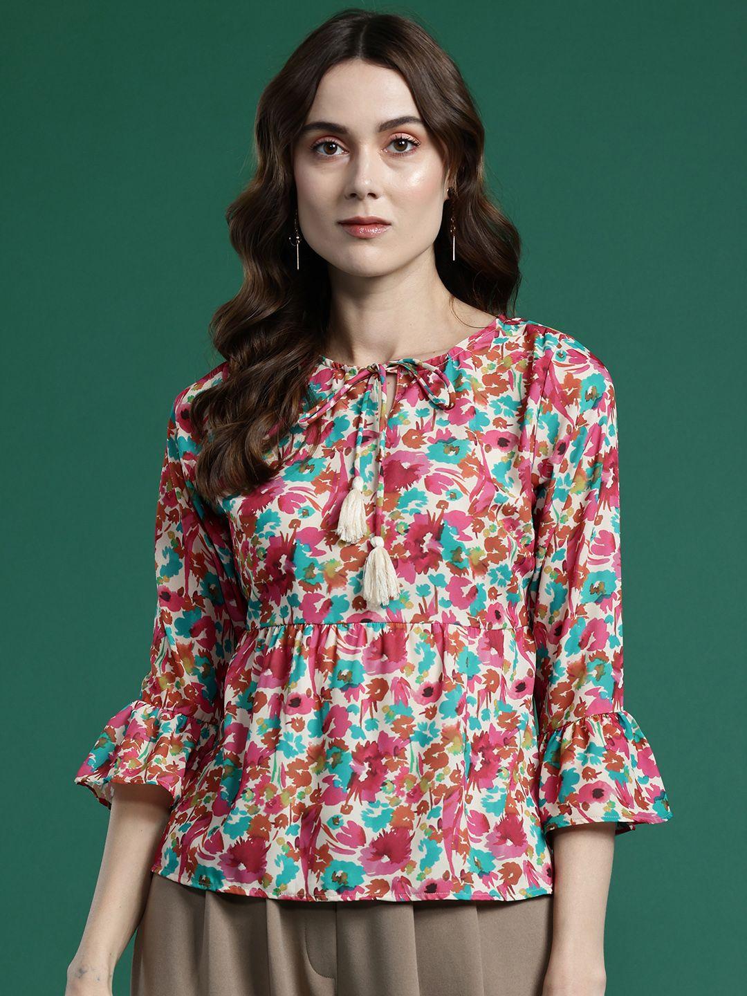 dressberry floral print tie-up neck bell sleeves top