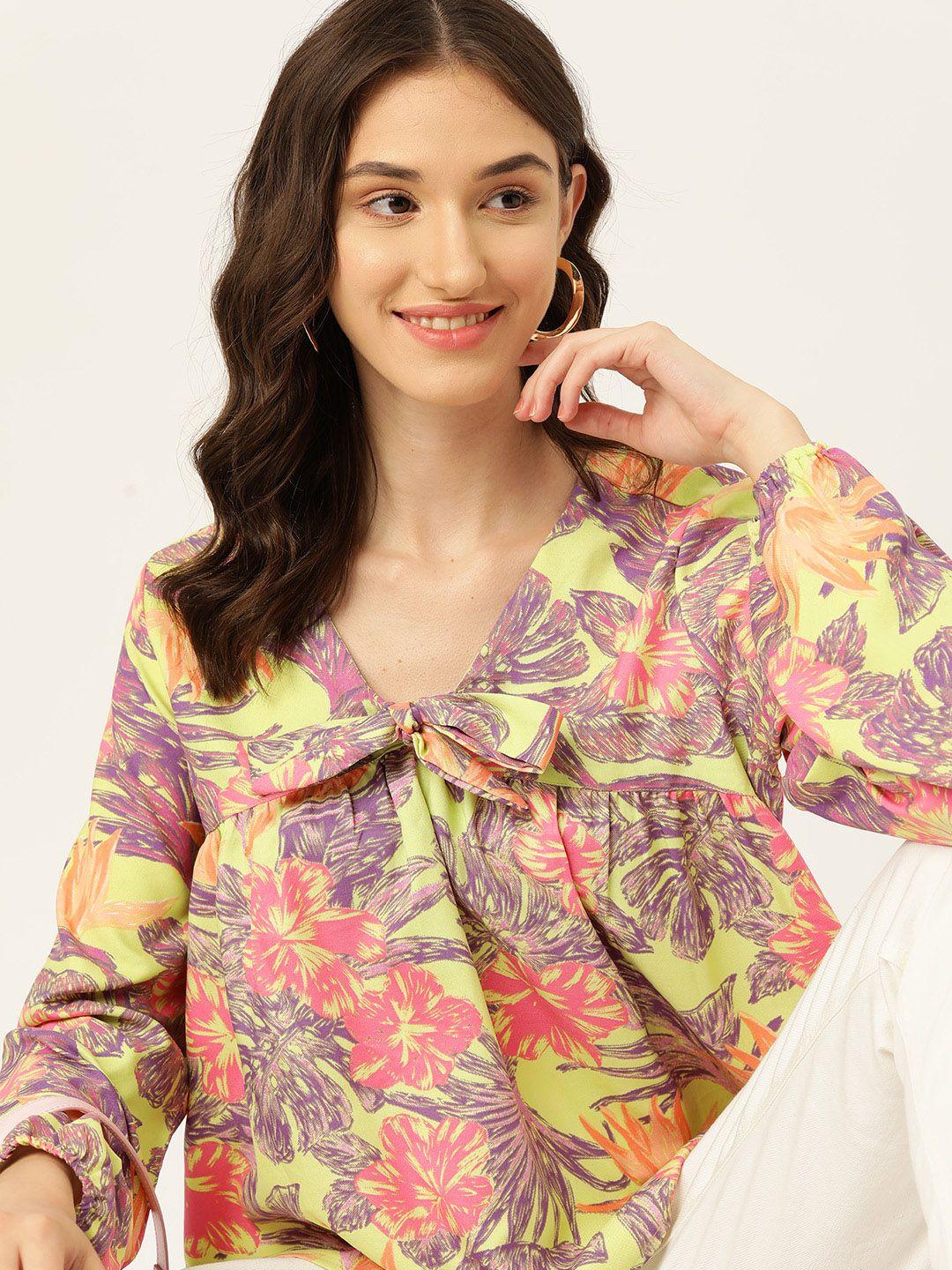 dressberry floral print tie-up neck puff sleeves empire top