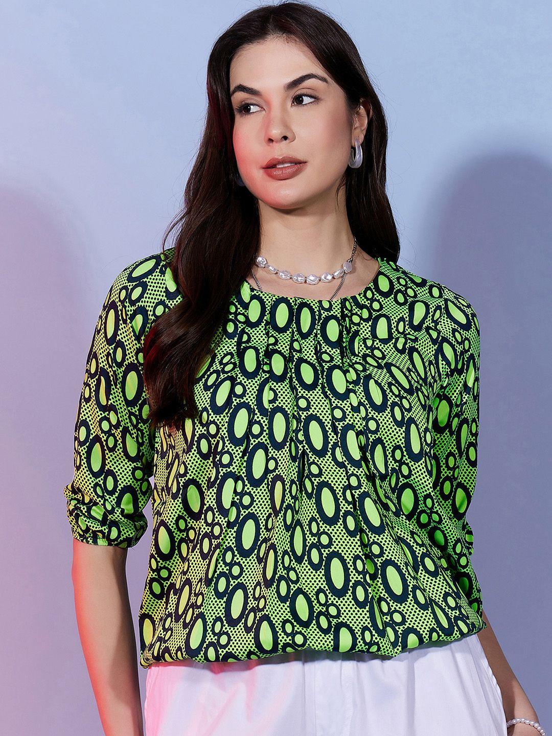 dressberry fluorescent green geometric printed puff sleeve top