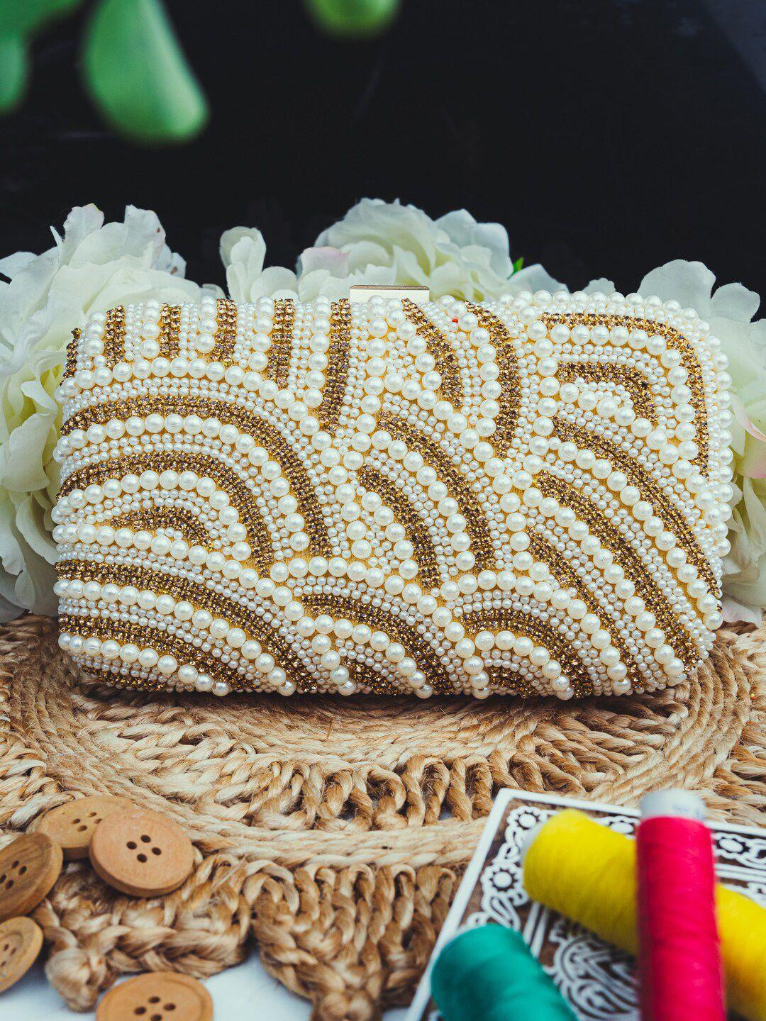 dressberry gold-toned & white embellished box clutch