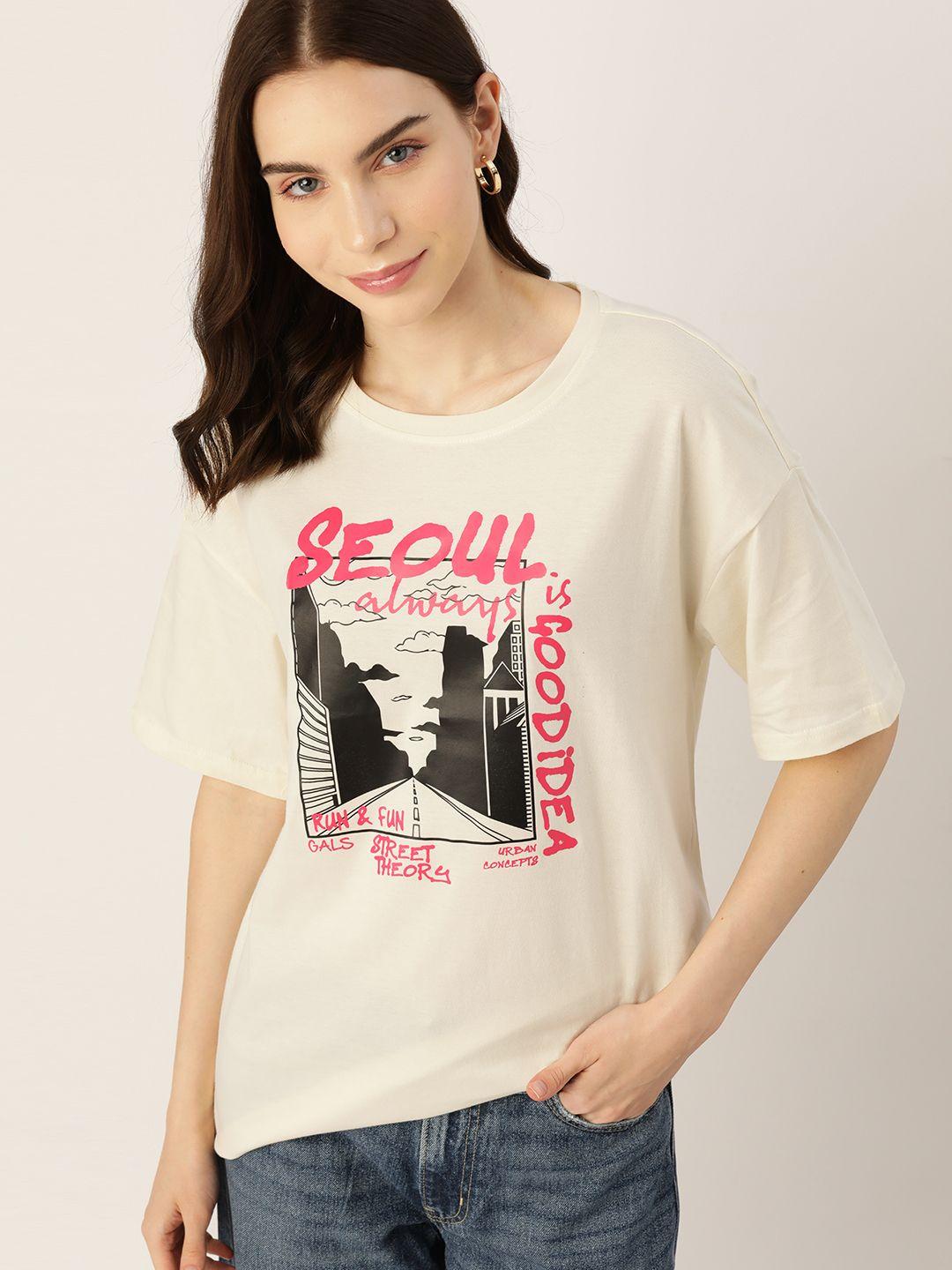 dressberry graphic & typography printed drop-shoulder sleeves pure cotton t-shirt