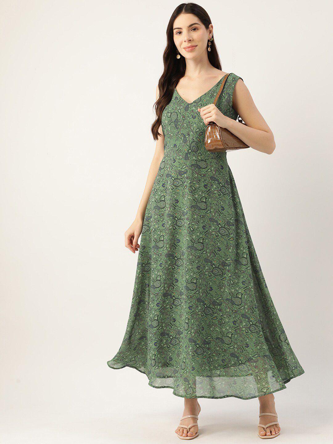 dressberry green floral printed v- neck maxi dress