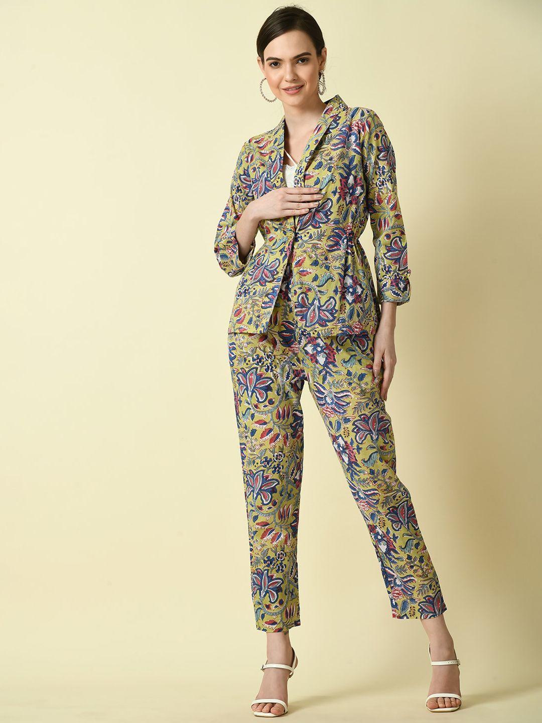 dressberry green printed pure cotton shawl neck coat with trousers