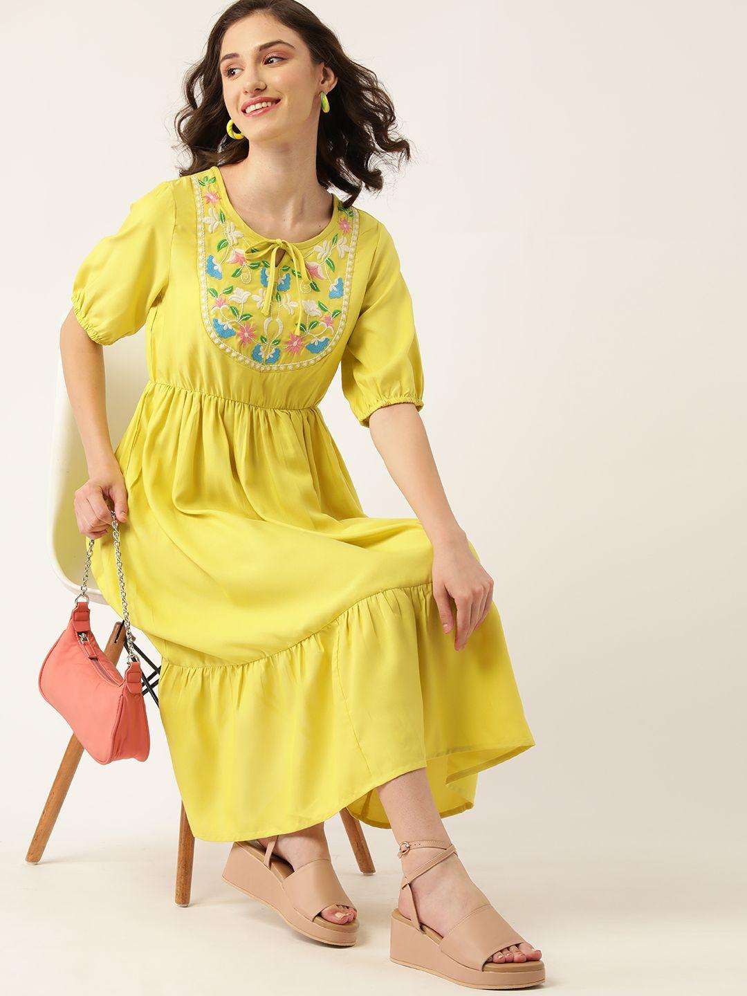 dressberry lime green floral embroidered tie-up neck a-line midi dress