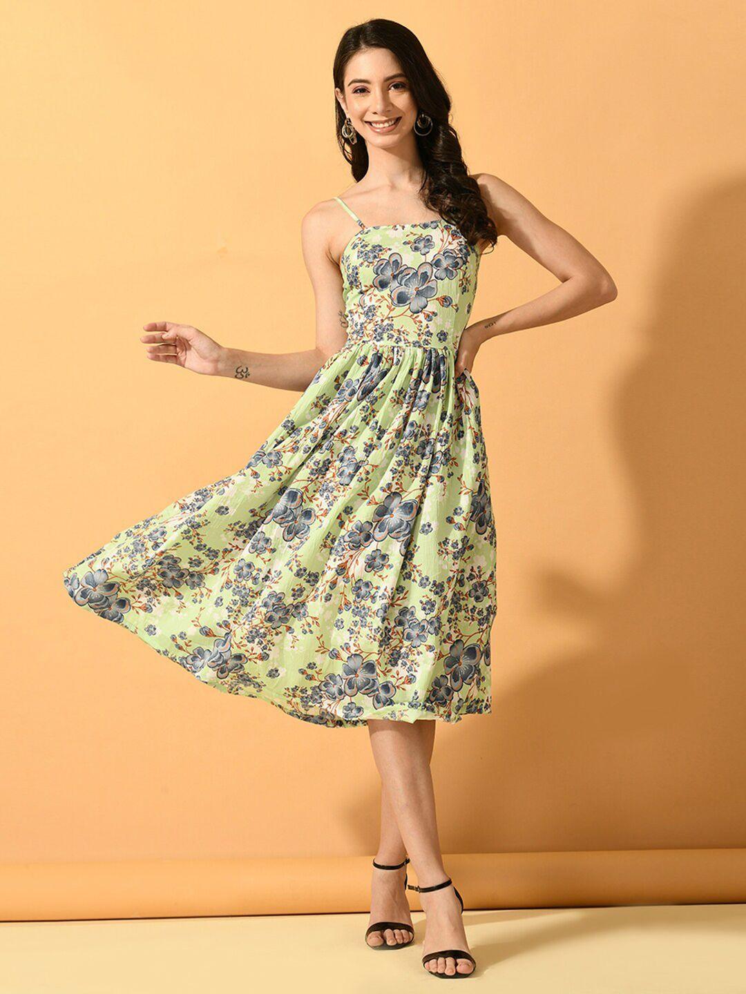 dressberry lime green floral print crepe fit & flare midi dress