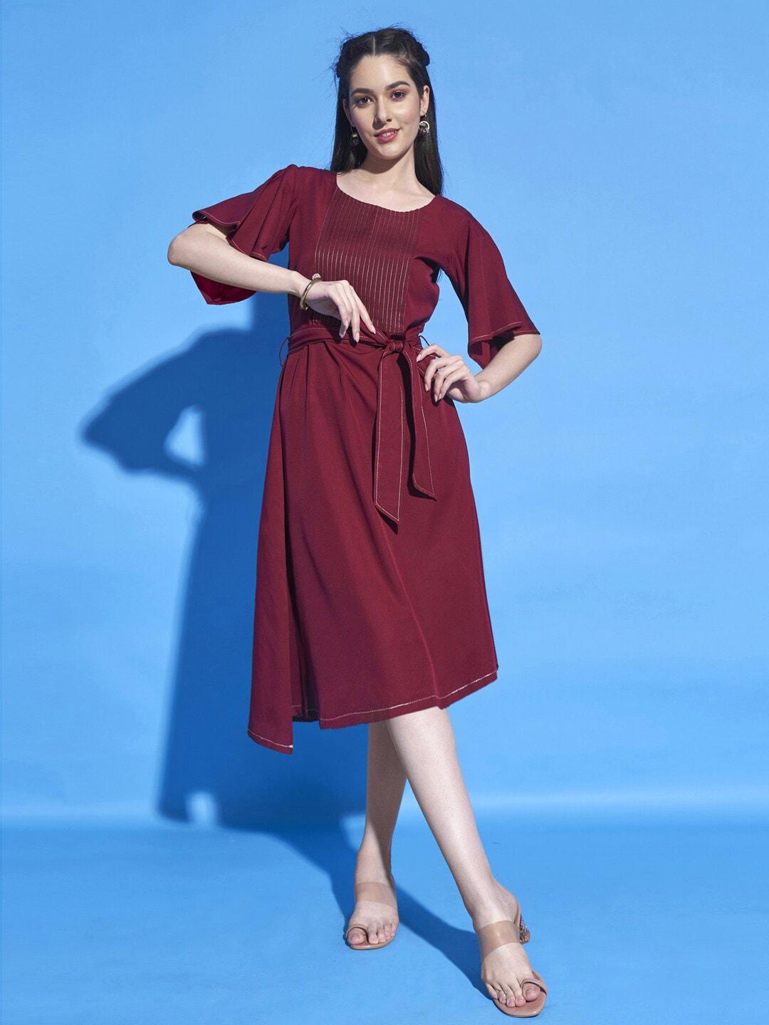 dressberry maroon striped flared sleeve crepe a-line dress
