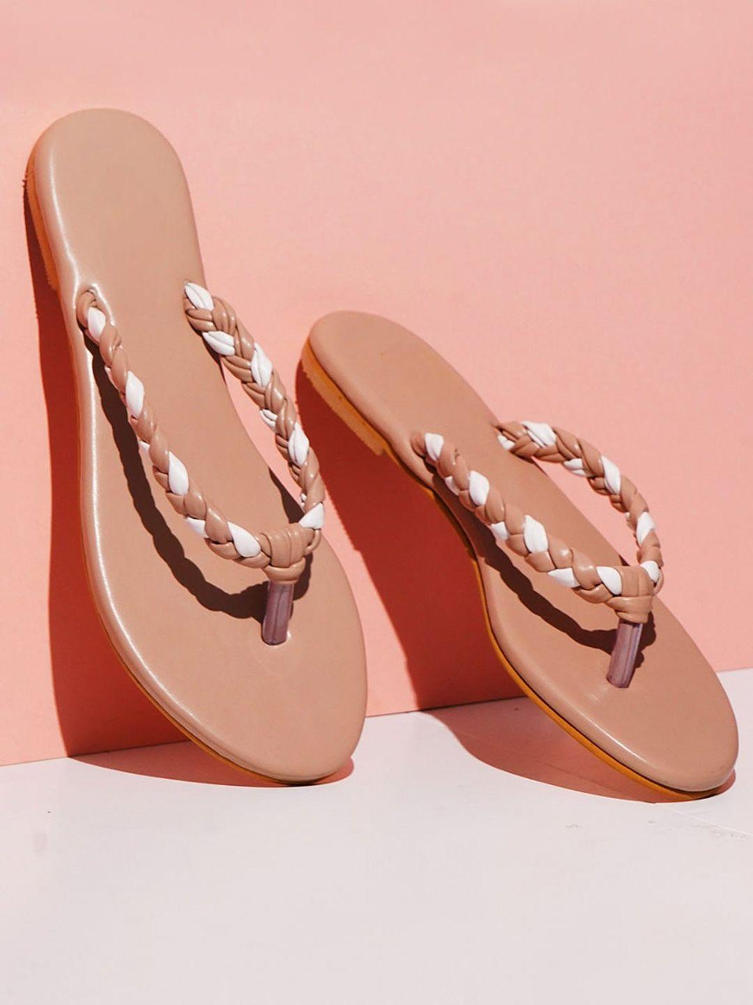 dressberry nude-coloured and white braided t-strap flats
