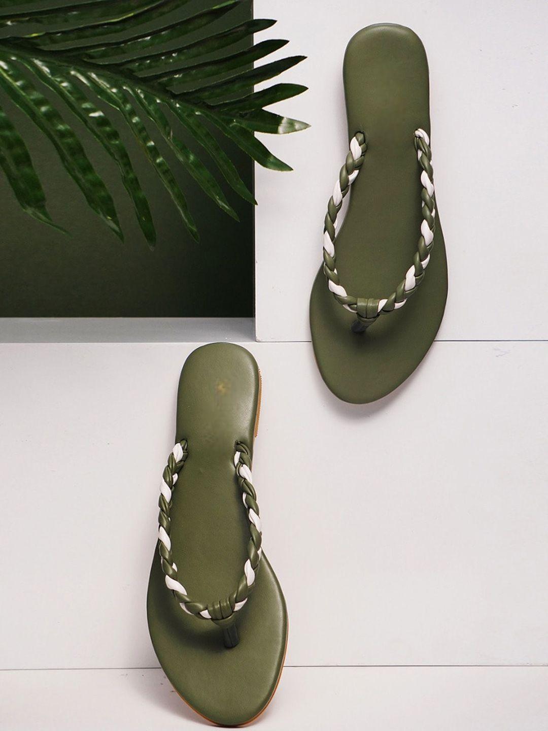 dressberry olive green and white braided t-strap flats