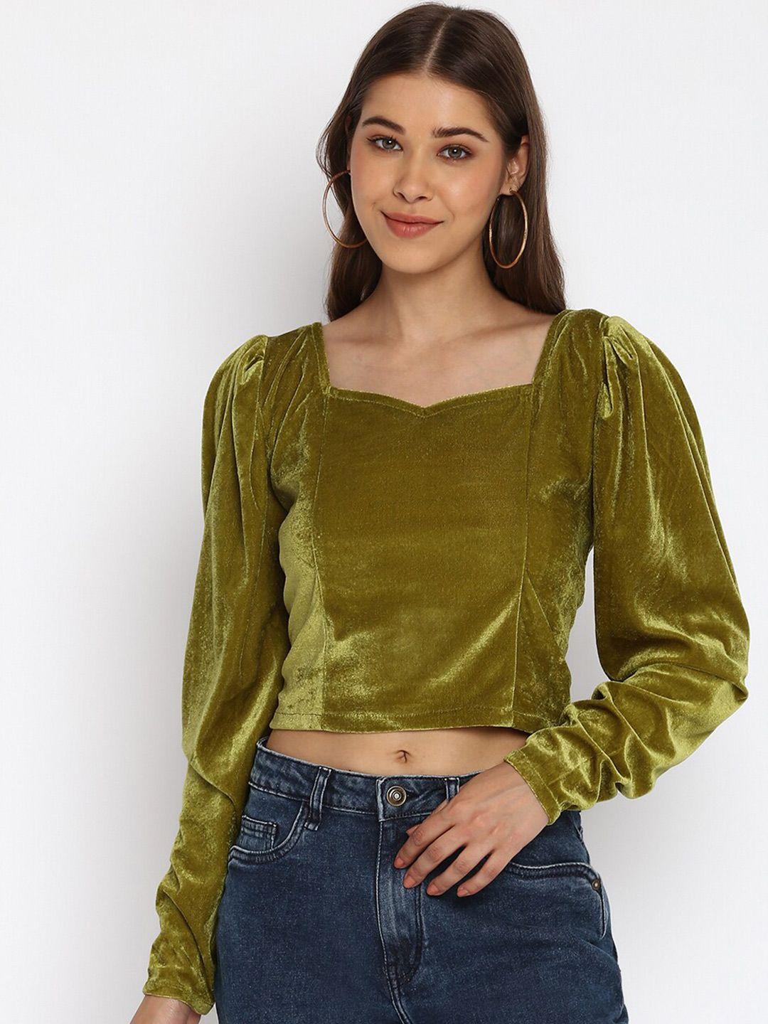 dressberry olive green square neck puff sleeves velvet crop top