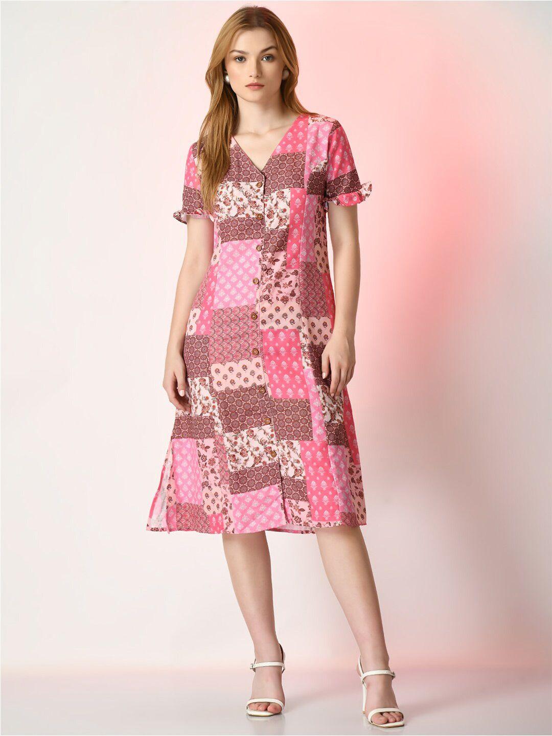 dressberry pink abstract printed v-neck linen a-line midi dress