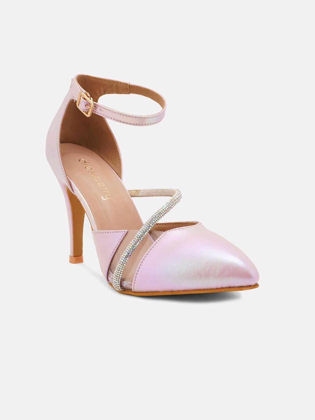 dressberry pink embellished pointed toe slim heel pumps
