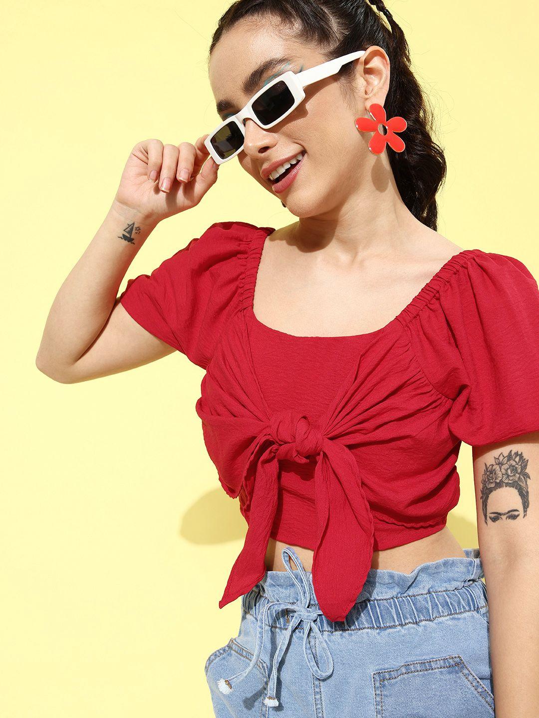dressberry pure cotton off-shoulder smocked crop top with tie ups detail