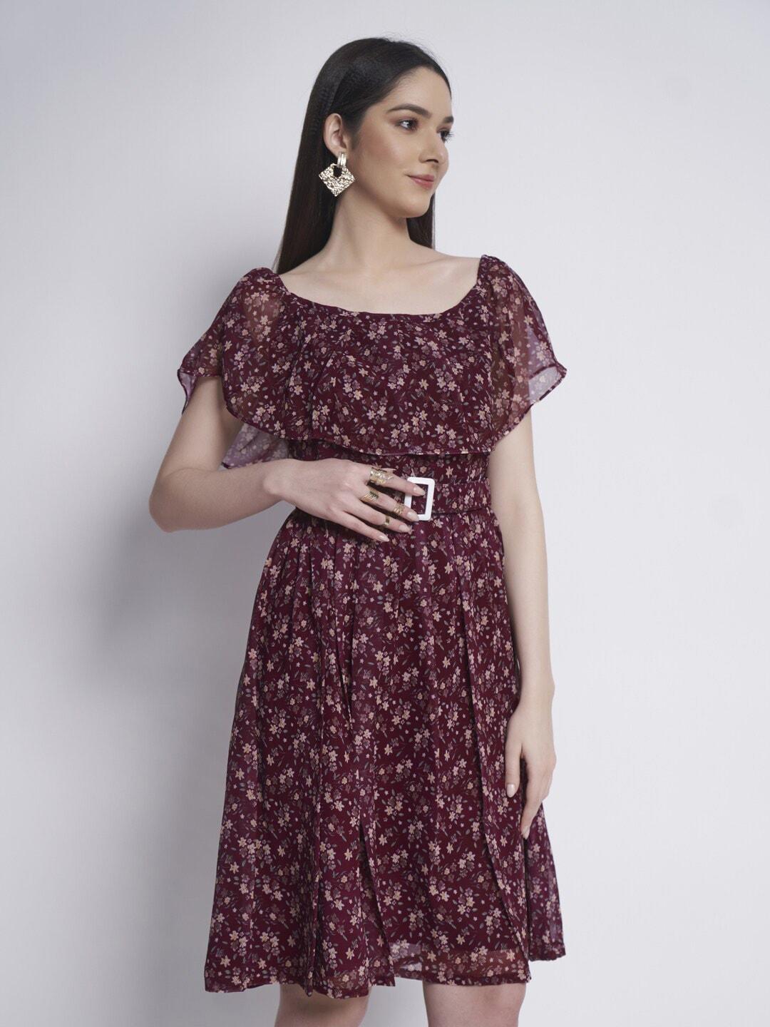 dressberry purple floral printed georgette fit & flare dress with belt