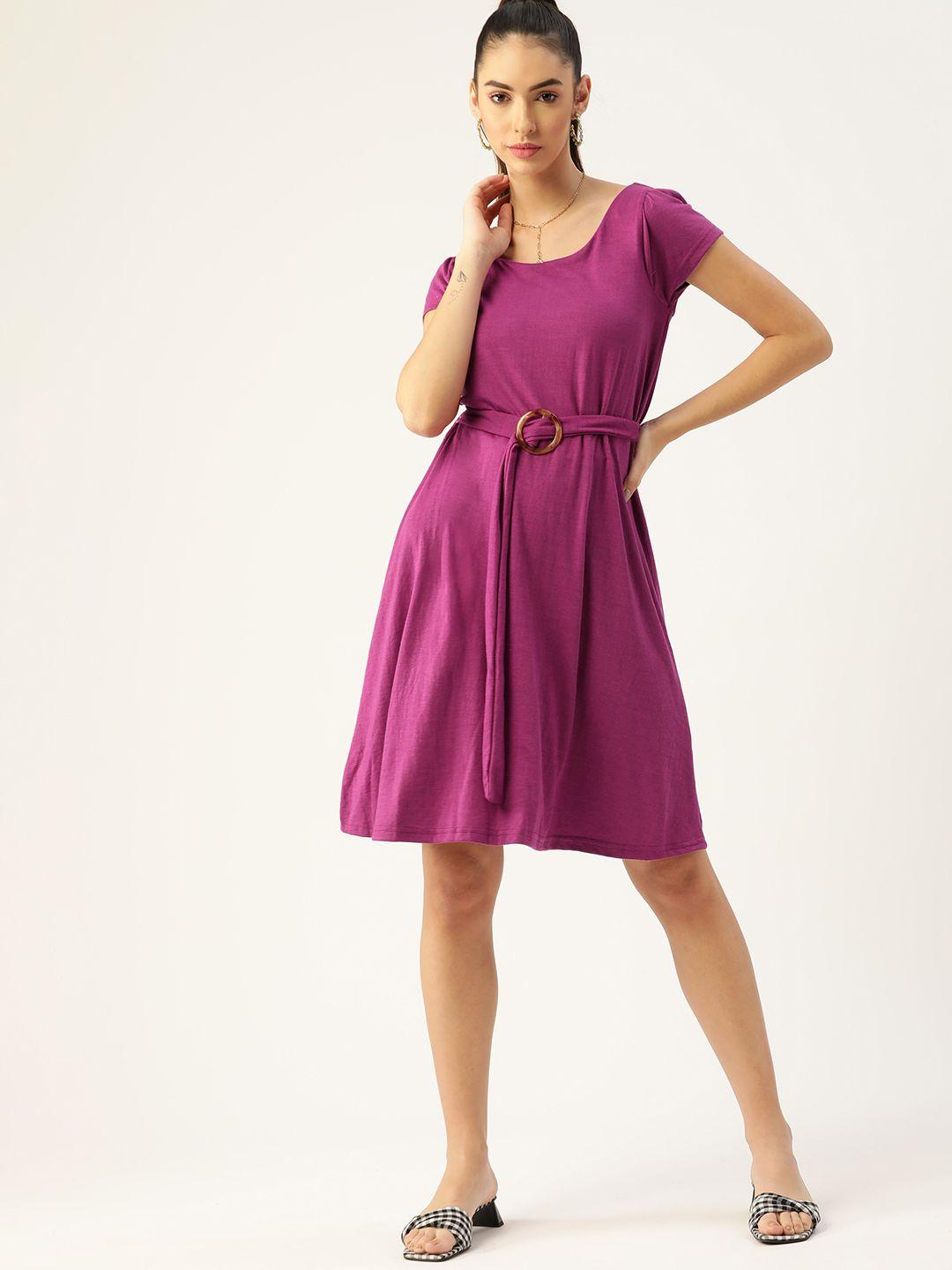 dressberry purple solid a-line dress with belt