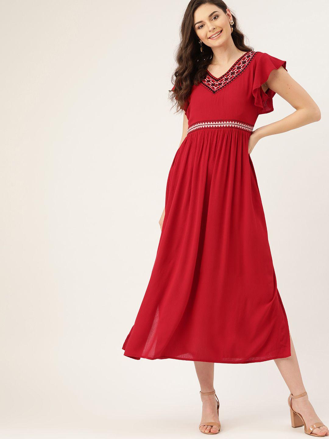 dressberry red embroidered neck maxi dress