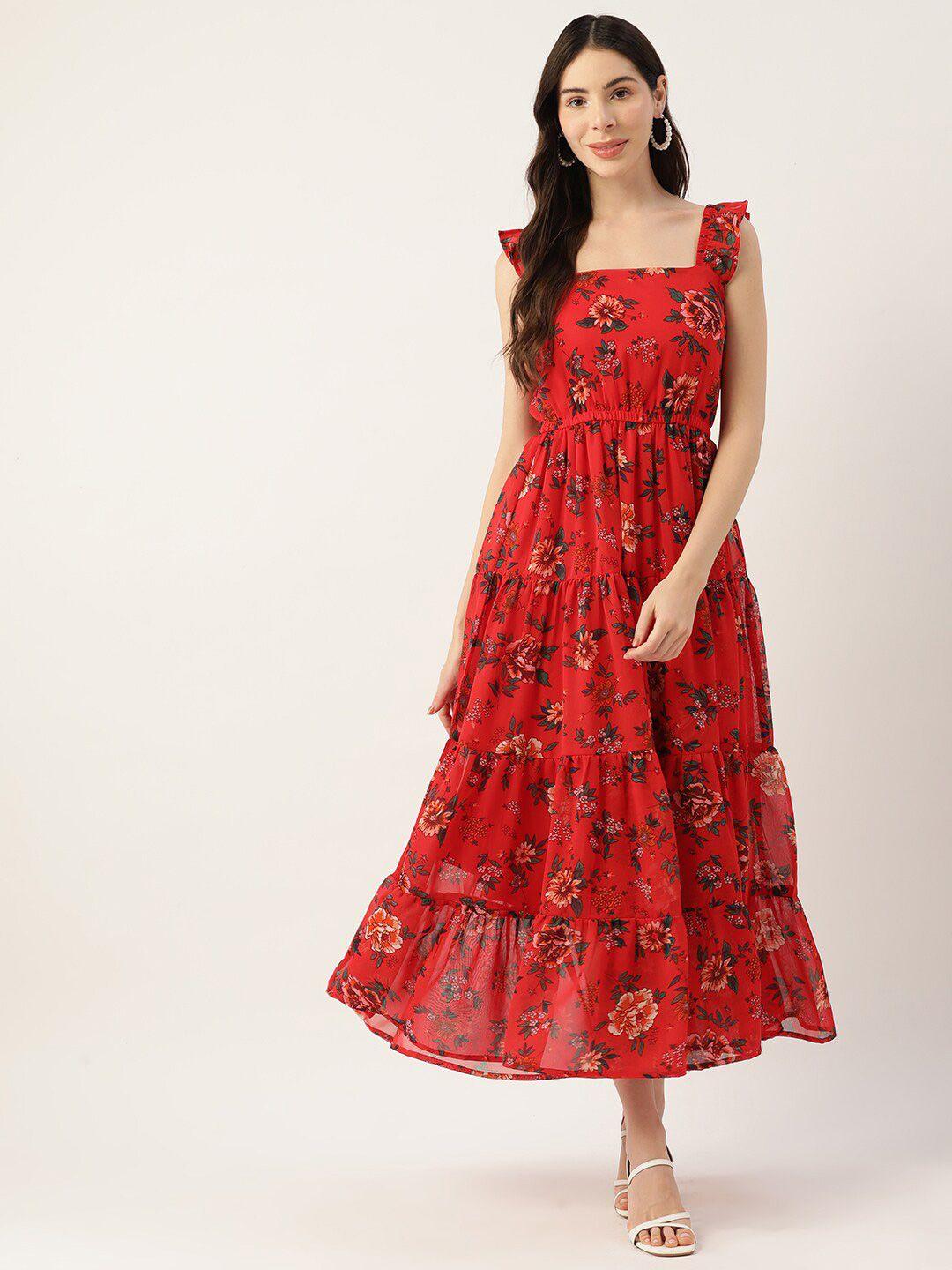 dressberry red floral printed tiered detailed square neck fit & flare dress