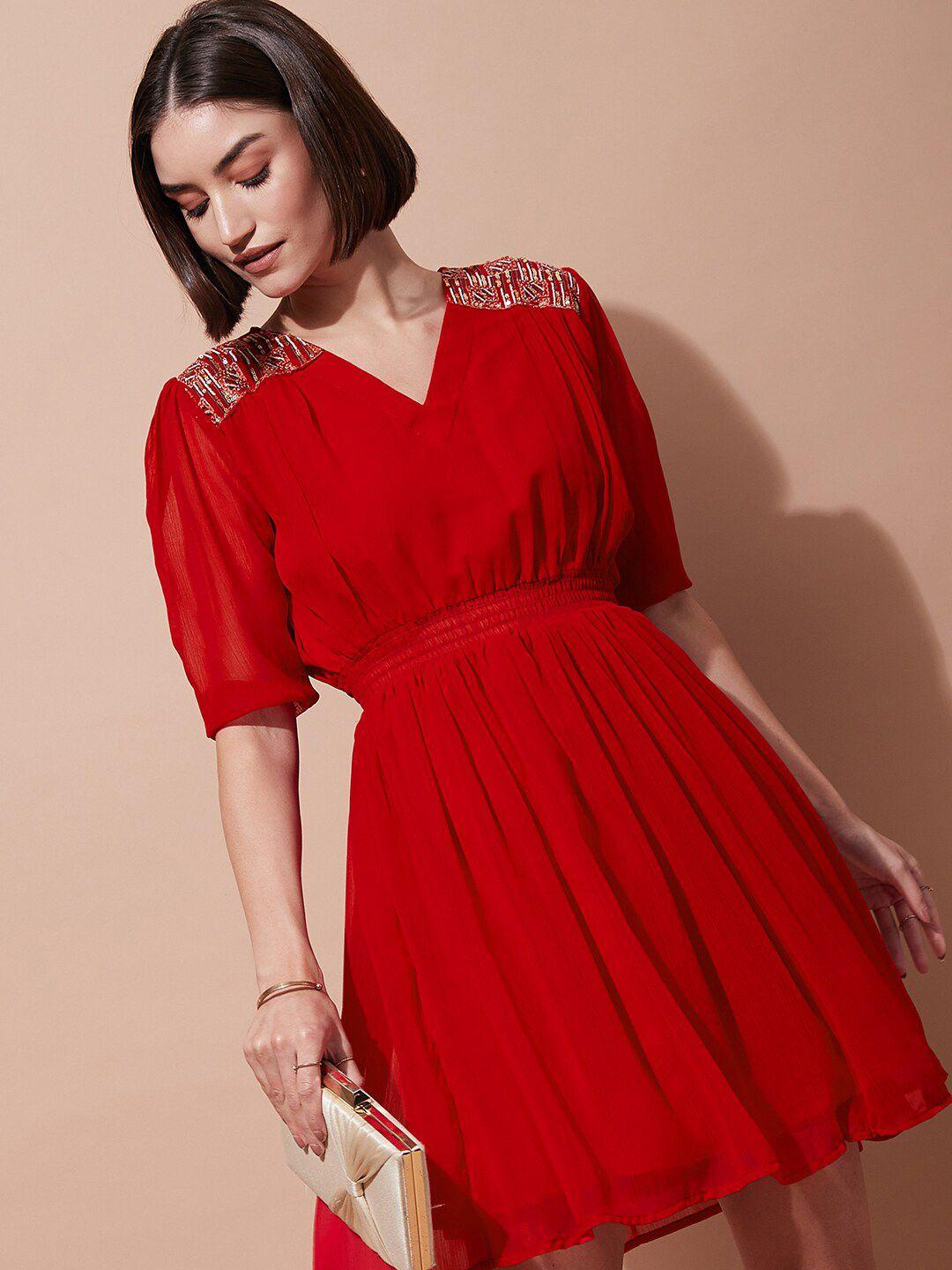 dressberry red puffed sleeves sequined georgette fit & flare dress