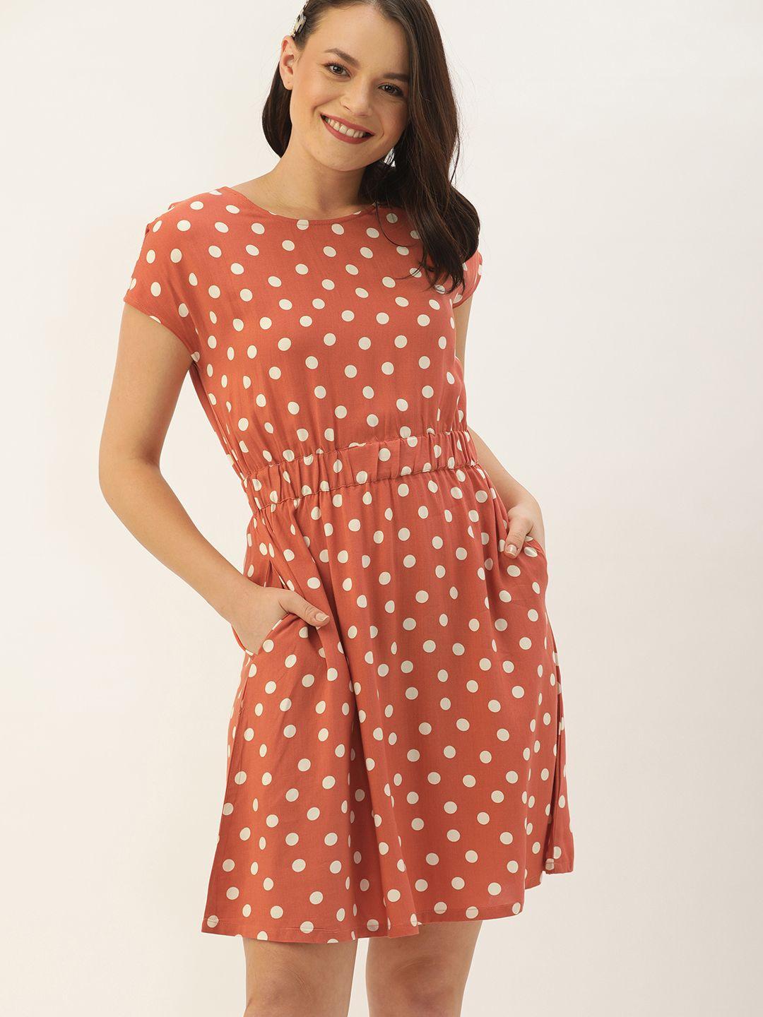 dressberry rust orange & off-white printed fit and flare polka dot  sustainable ecovero dress